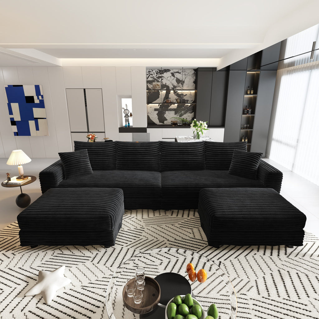 104.3 ' Plush Corduroy 4-Seat Sofa, Modern Comfy Upholstered Sofa Cloud Couch, Deep Seat Couches with Soft Pillows and 2 Ottomans, Convertible Sofa Lounge Chair, for Living Room,Apartment,Office,Black