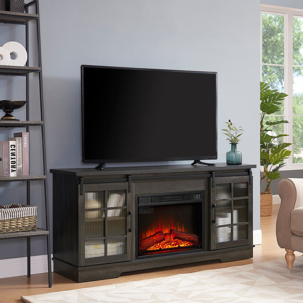 Multipurpose Sliding Door TV Stand Large Storage Cabinet with 2 Sliding Fluted Glass Doors, TV Up to 65'', TV Desk Storage Rack with 23' Fireplace TV Stand, Charcoal GREY, 59.13'W*15.94'D*27.8'H