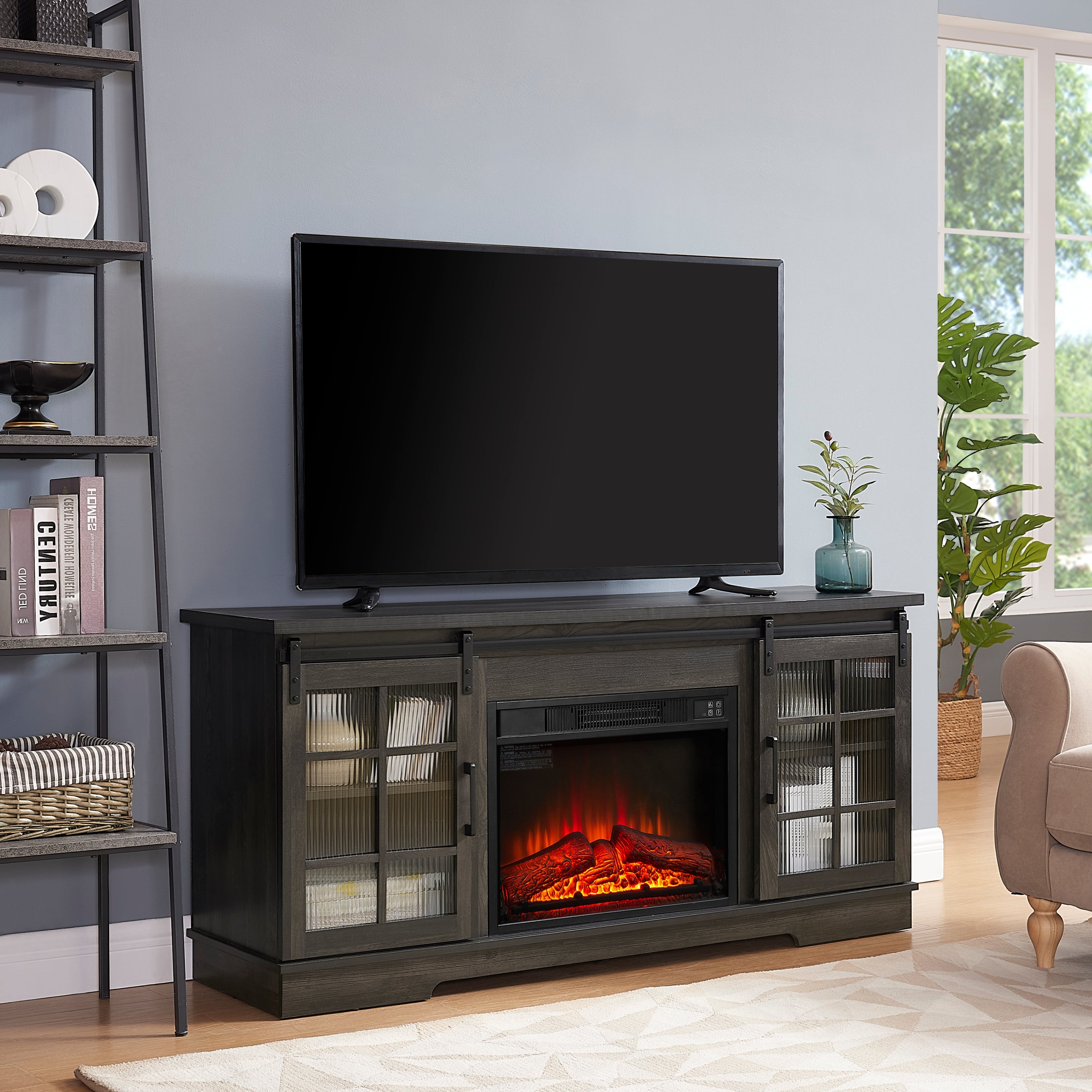 Multipurpose Sliding Door TV Stand Large Storage Cabinet with 2 Sliding Fluted Glass Doors, TV Up to 65'', TV Desk Storage Rack with 23' Fireplace TV Stand, Charcoal GREY, 59.13'W*15.94'D*27.8'H
