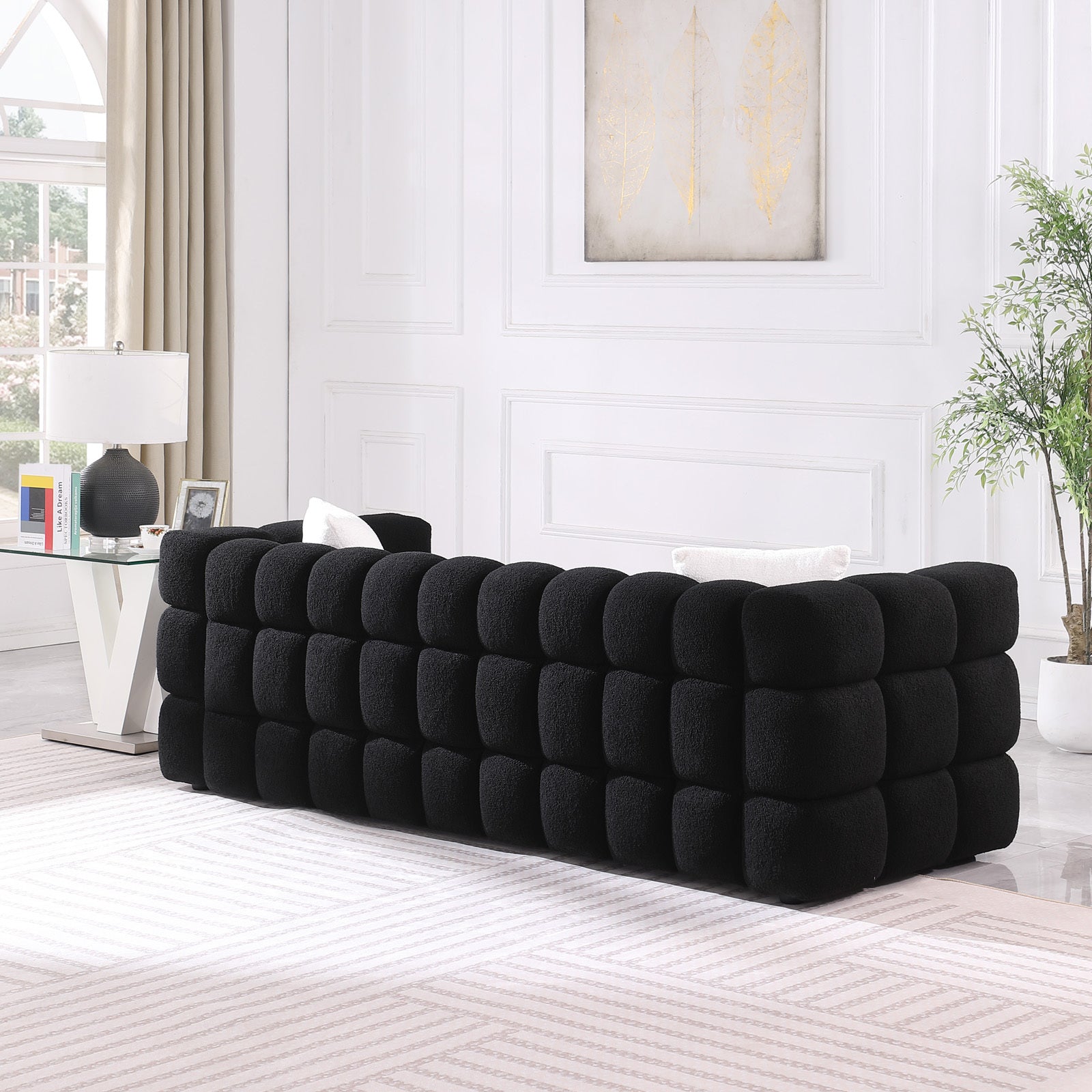 84.3 length ,35.83' deepth ,human body structure for USA people,  marshmallow sofa,boucle sofa ,black color,3 seater