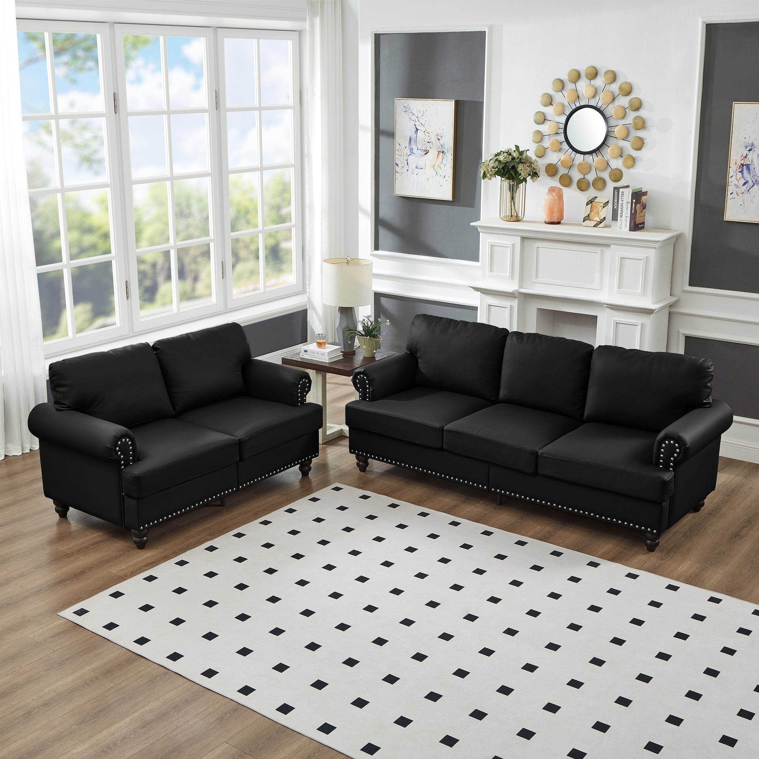 Modern Classic Design with Nails Living Room 2+3 seater Loveseat & Sofa Leather Couch,Upholstered Imitation Cowhide Leather Black