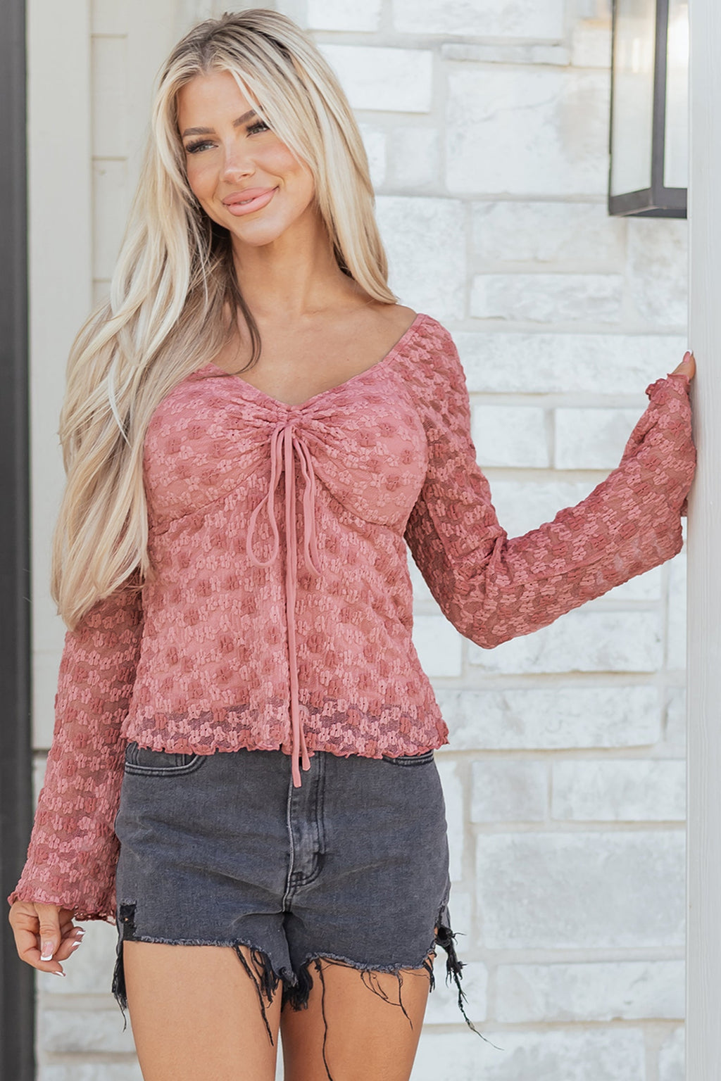 Floral Lace Drawstring Square Neck Blouse