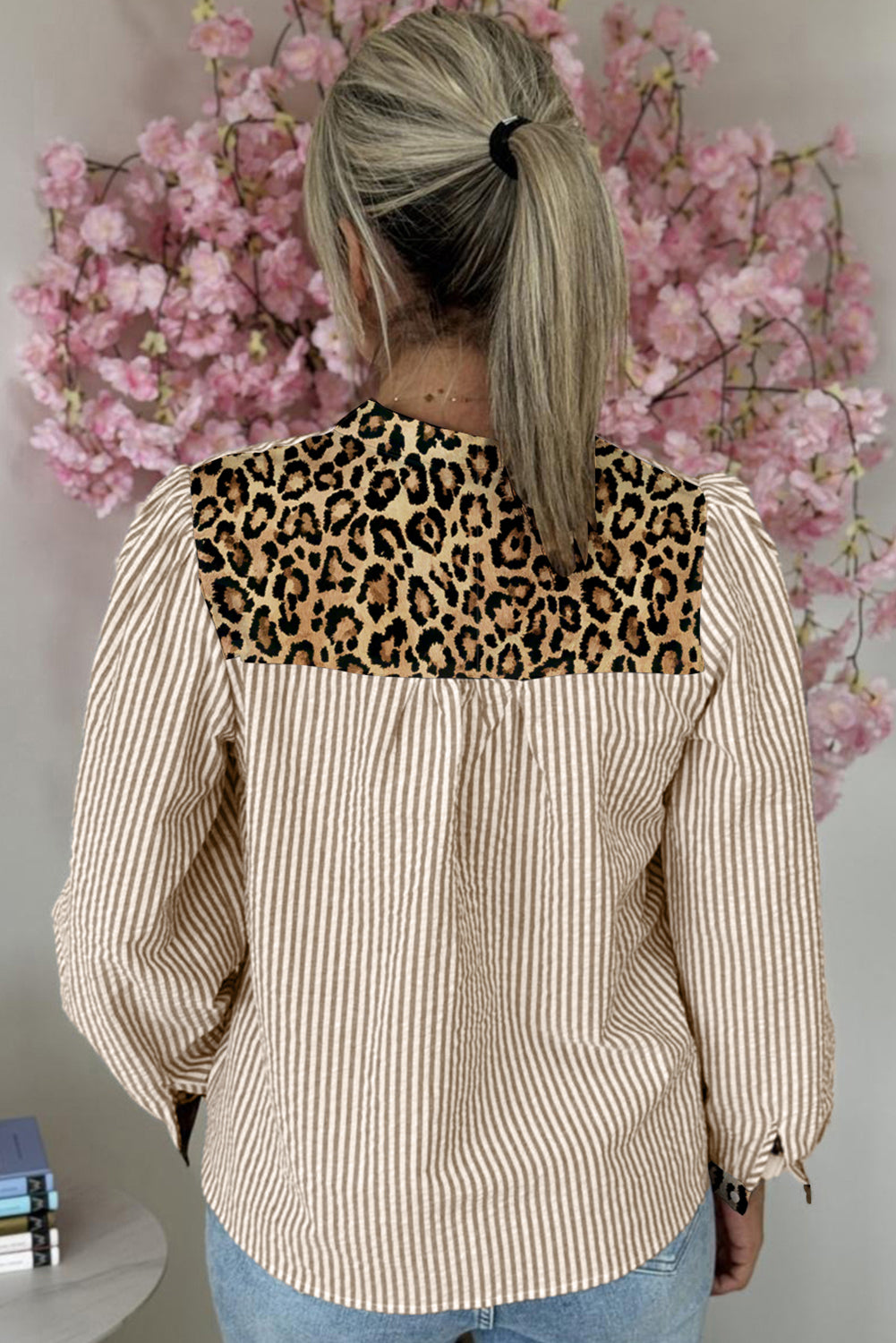 Stripe Leopard Patchwork Long Sleeve Shirt