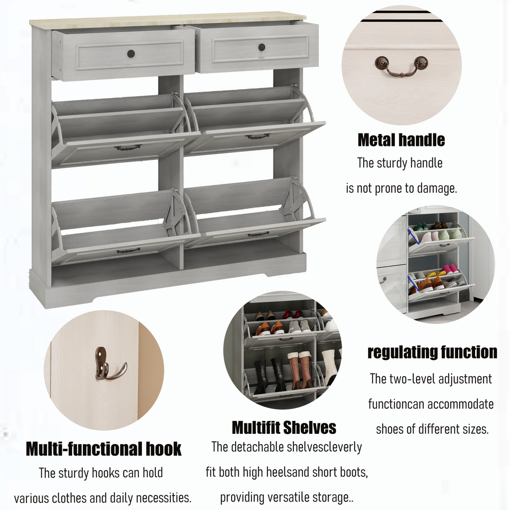 Shoe Storage Cabinet with 2 Drawers, 4 Flip Drawers, Freestanding Shoe Cabinet Organizer with Adjustable Shelf, Shoe Cabinet for Entryway, Foyer, Slim Shoe Cabinet-Antique White