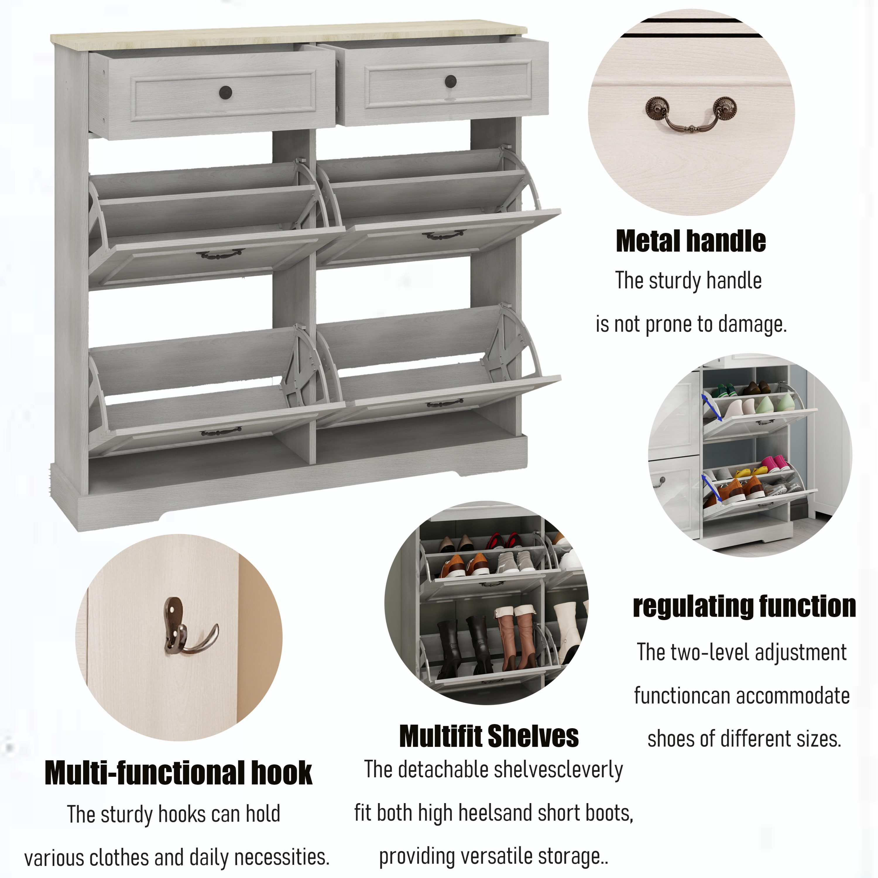 Shoe Storage Cabinet with 2 Drawers, 4 Flip Drawers, Freestanding Shoe Cabinet Organizer with Adjustable Shelf, Shoe Cabinet for Entryway, Foyer, Slim Shoe Cabinet-Antique White