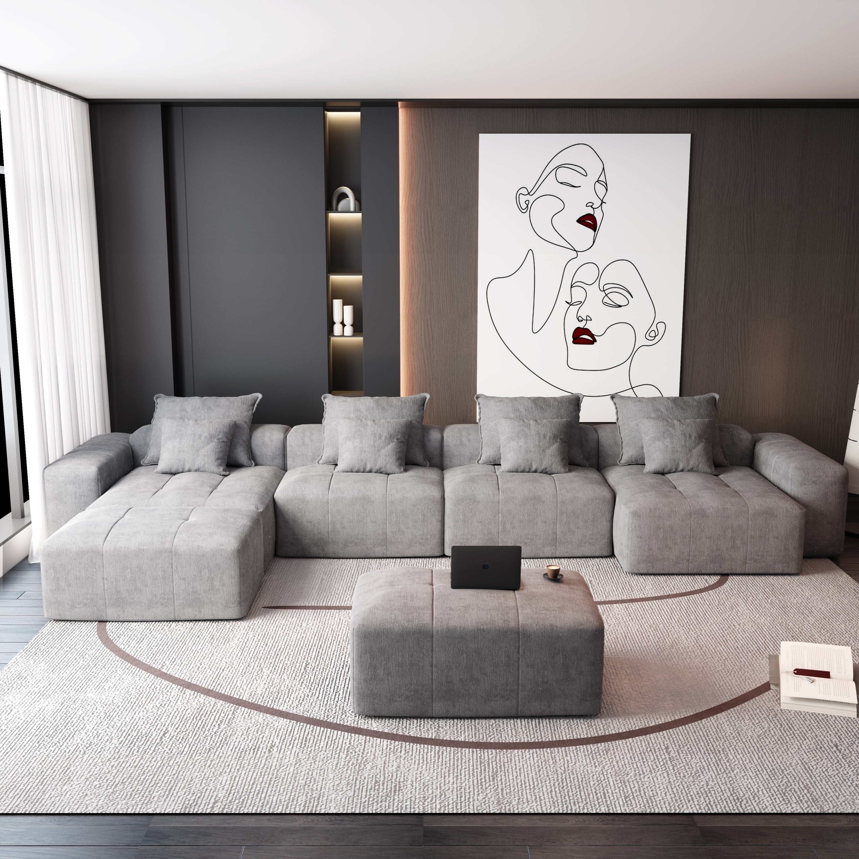 Modern Oversized Modular Sectional Sofa, Sparkling Chenille Fabric Soft Cushion Sofa with 8 Pillows, 8 PCS DIY Combination Tufted Sofa, No Assembly Required, GREY