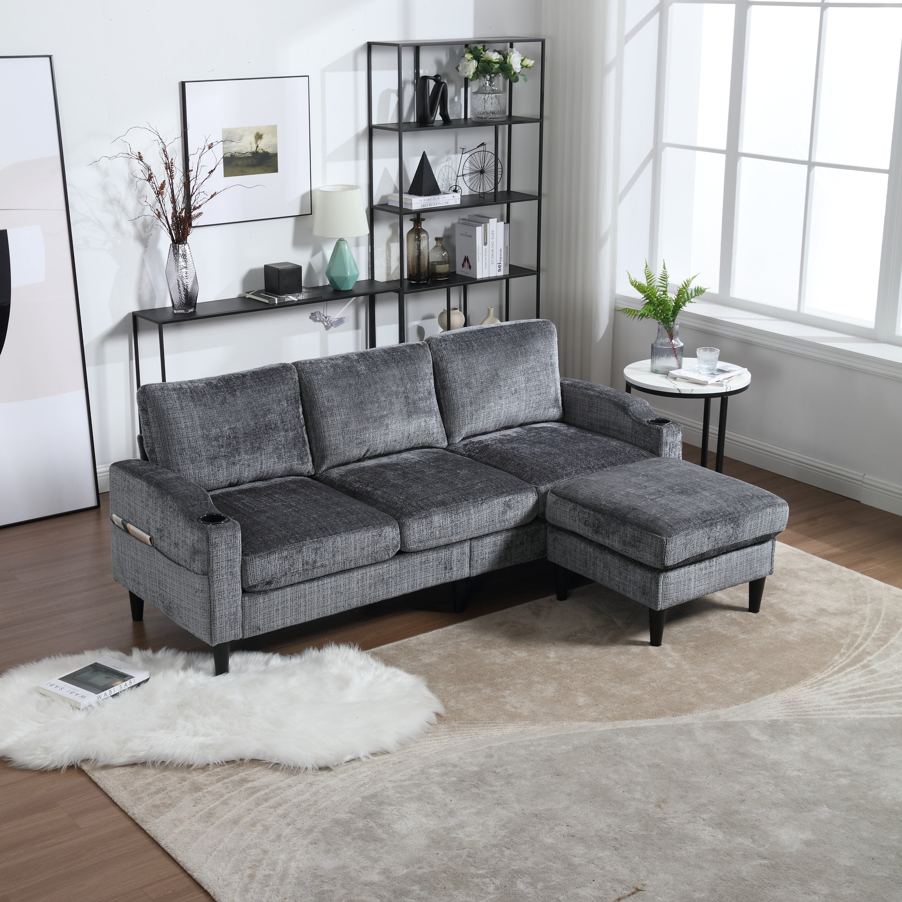 UNITED  WE WIN Sofa for three, solid wood frame, Chenille fabric, side pocket, with two cup holders, footstool with storagestorage sofa /Living room sofa cozy sectional  sofa