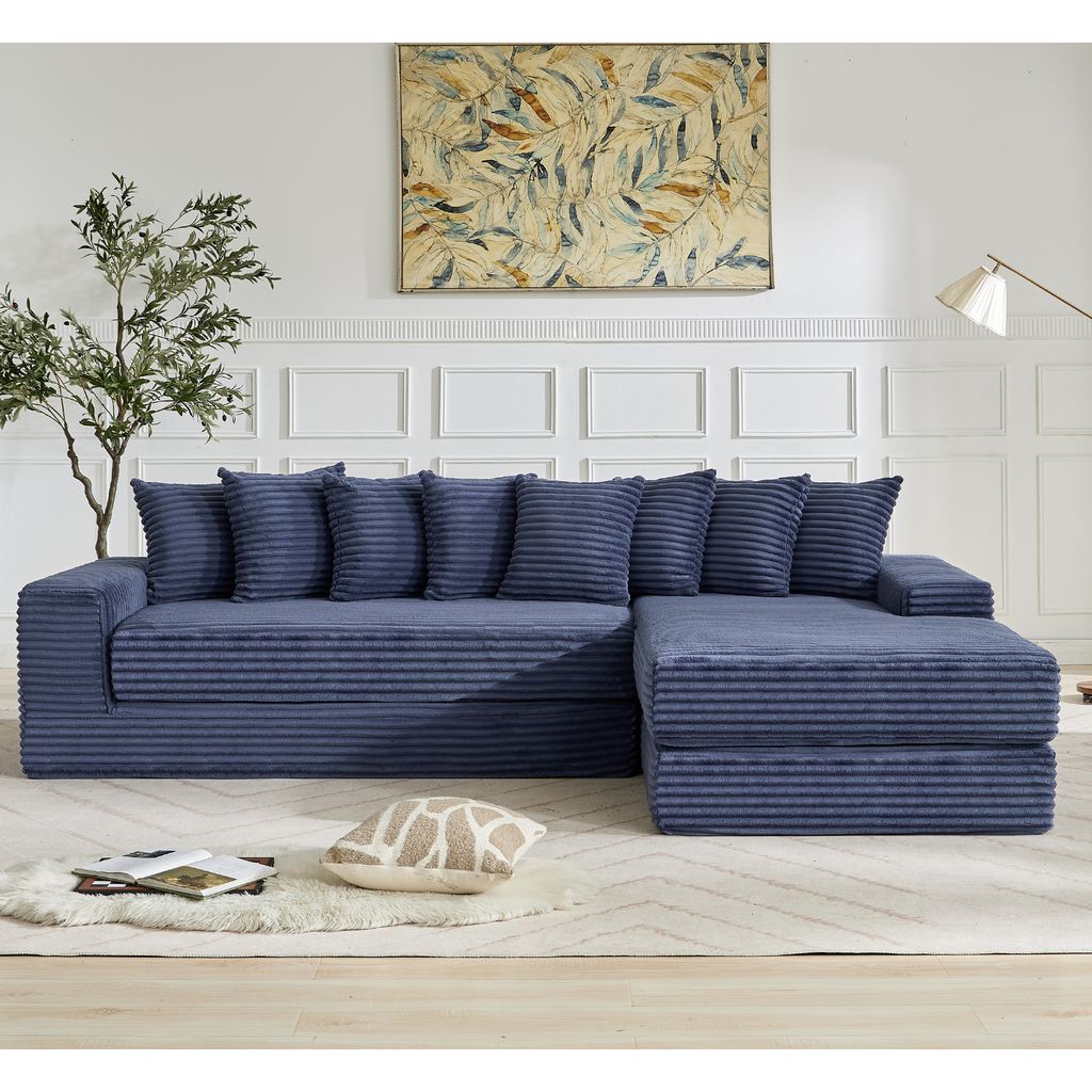 [NEW ARRIVED] [VIDEO PROVIDED] Oversize Cloud Sectional Couch, L-Shape Sofa, Convertible Floor Sleeper Sofa Bed, No Assembly ,Eight pillows,3-in-1,Magazine bag,(Right Facing Sofa),3 Seat,Corduroy,Blue