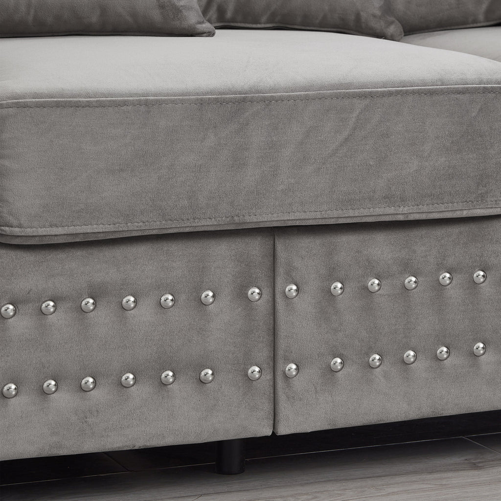 Modern Design Living Room Sofa 2+3 Seater Square armrest with Silver Nails Decoration Upholstered Velvet Couch Grey