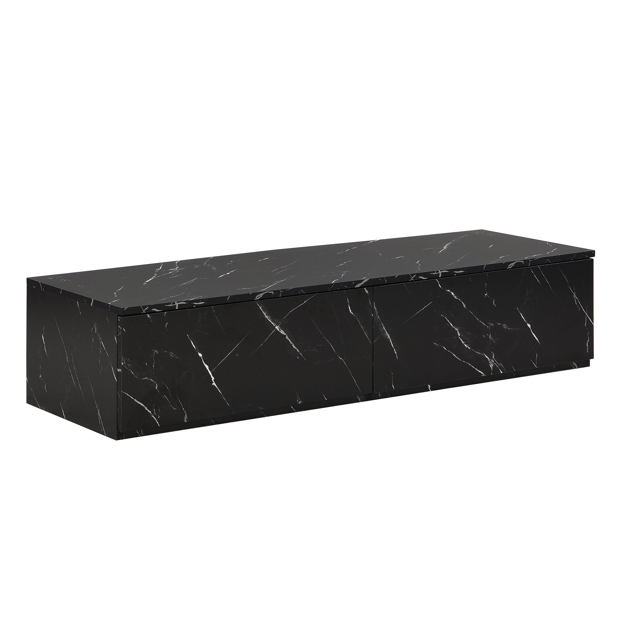 ON-TREND TV Stand with Faux Marble and Walnut Wood Grain Finish for TVs up to 88'', Modern Free-Combination Entertainment Center with 4 Storage Drawers for Living Room, Black