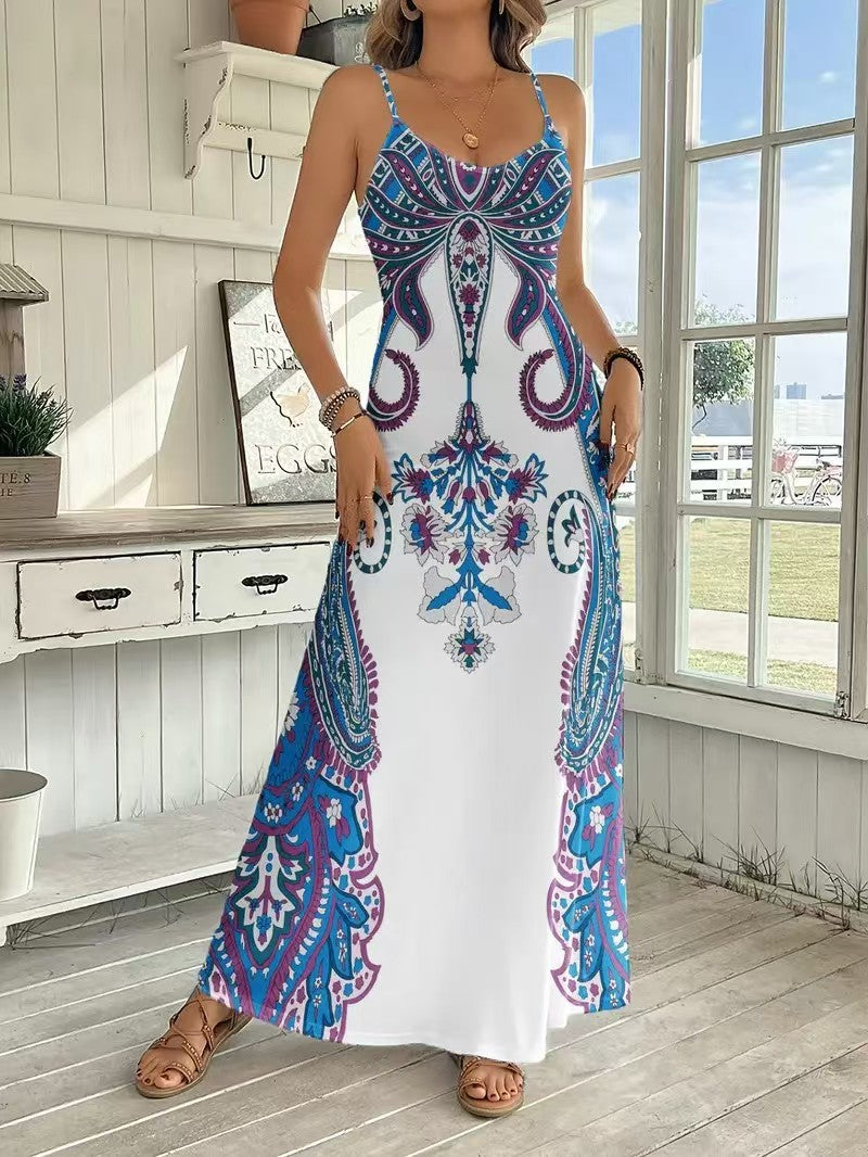 White Handkerchief Design V-neck Sleeveless Print Maxi Dress