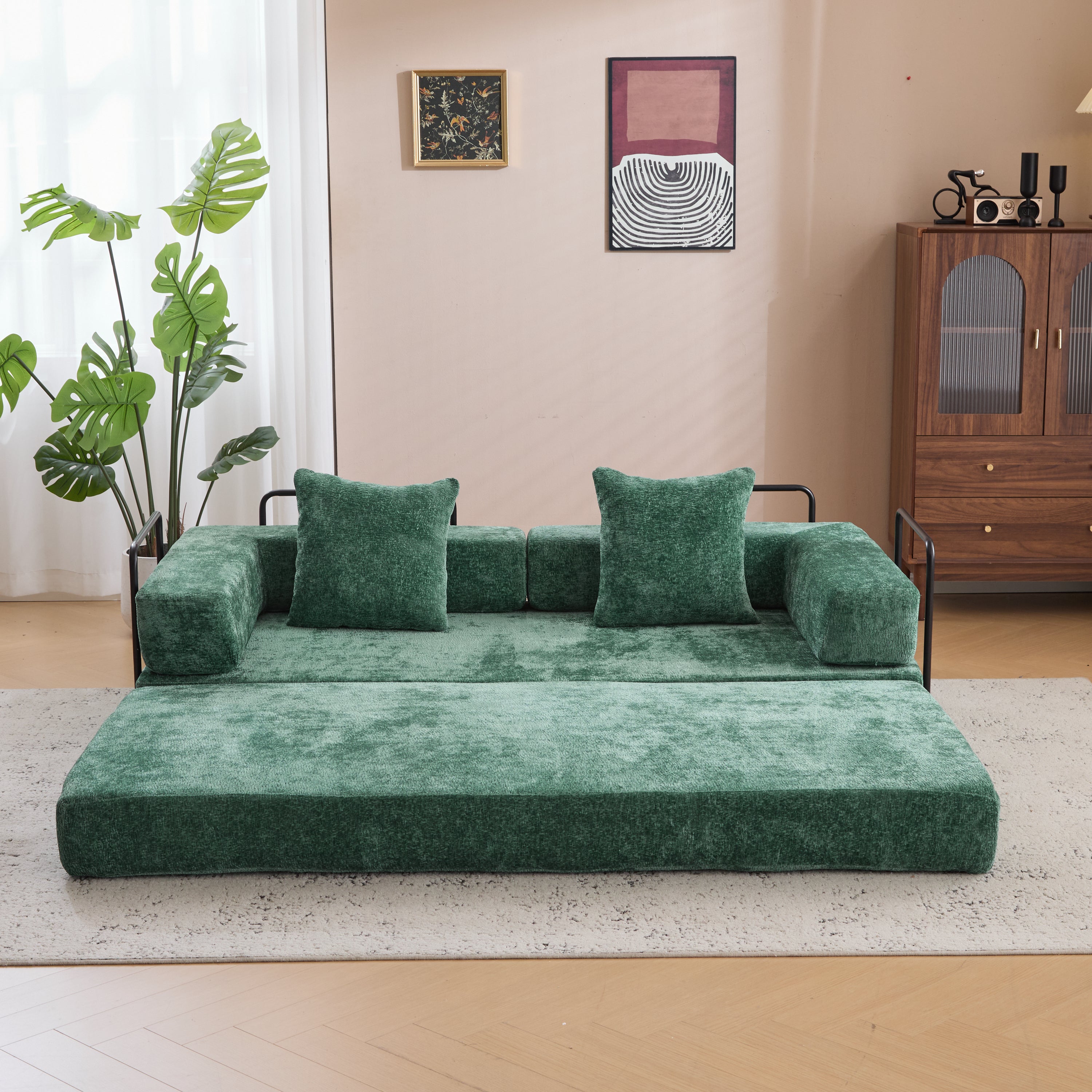 Floor Couch,Compression Sofa,Convertible Floor Sofa Bed-with Pillow Back Support Armrest,Comfy Futon Couch Lounge Sleeper Bed,Chenille fabric,for Living Room Bedroom (dark green)