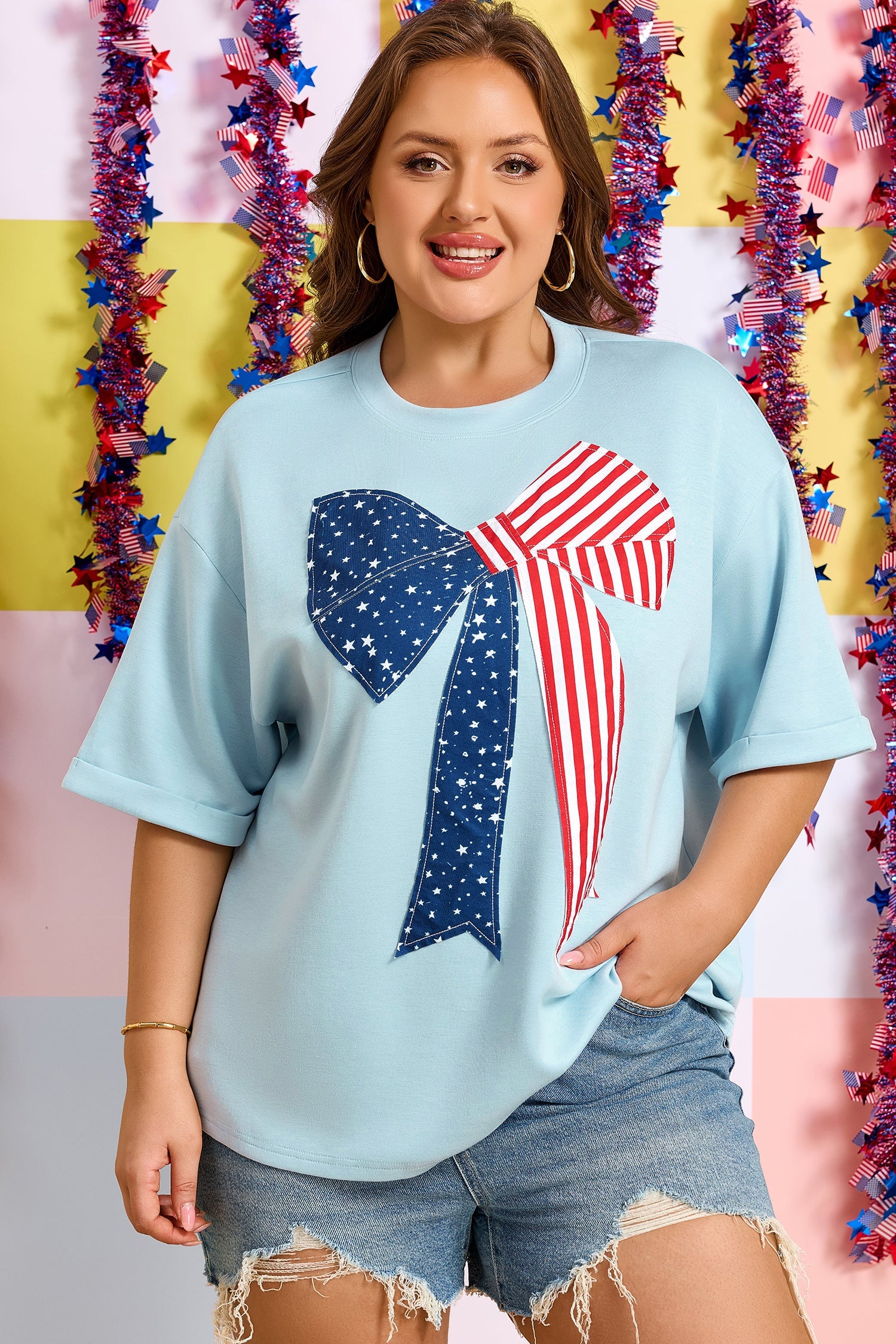 Plus Size Patriotic Stars & Stripes Bow Patchwork T-Shirt