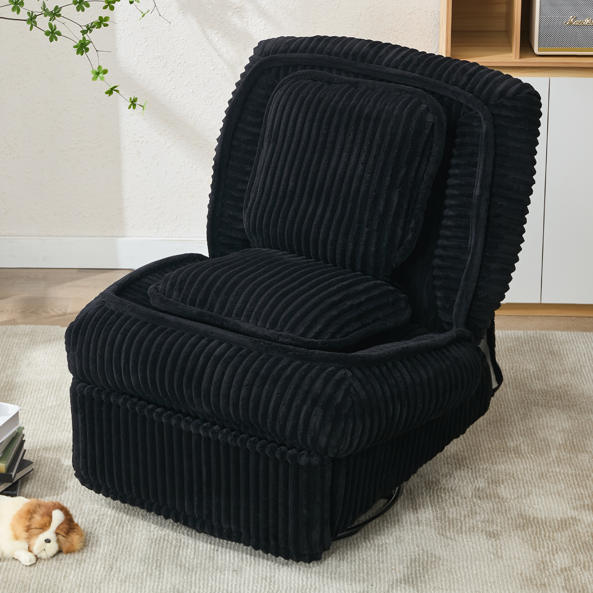 [NEW ARRIVED] 360° Swivel Rocking Single Sofa,Recliner Sofa, Manual Glider Rocking Armless Chair,Living Room Office, With Adjustable Backrest and Footrest and pillows, Small Spaces,Corduroy , Black