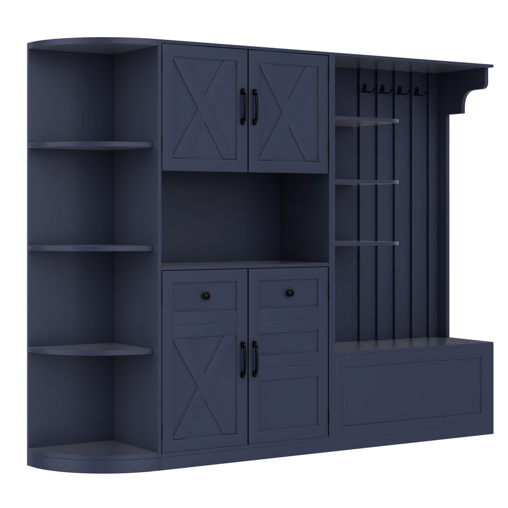 Multifunctional left-right combination hall cabinet (can be used separately) with storage and 4 hooks, storage cabinet/ hall tree 2 in 1 for living room, kitchen and hallway, antique blue