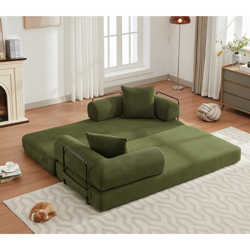 [NEW ARRIVED] [VIDEO PROVIDED] 78.5' Folding Convertible Out Sleeper Sofa Bed,4-in-1 DIY Combination Convertible  Sofa, 3 seat, Folding Sleeper Sofa, King Size , Bedroom,Apartment,Corduroy,Green