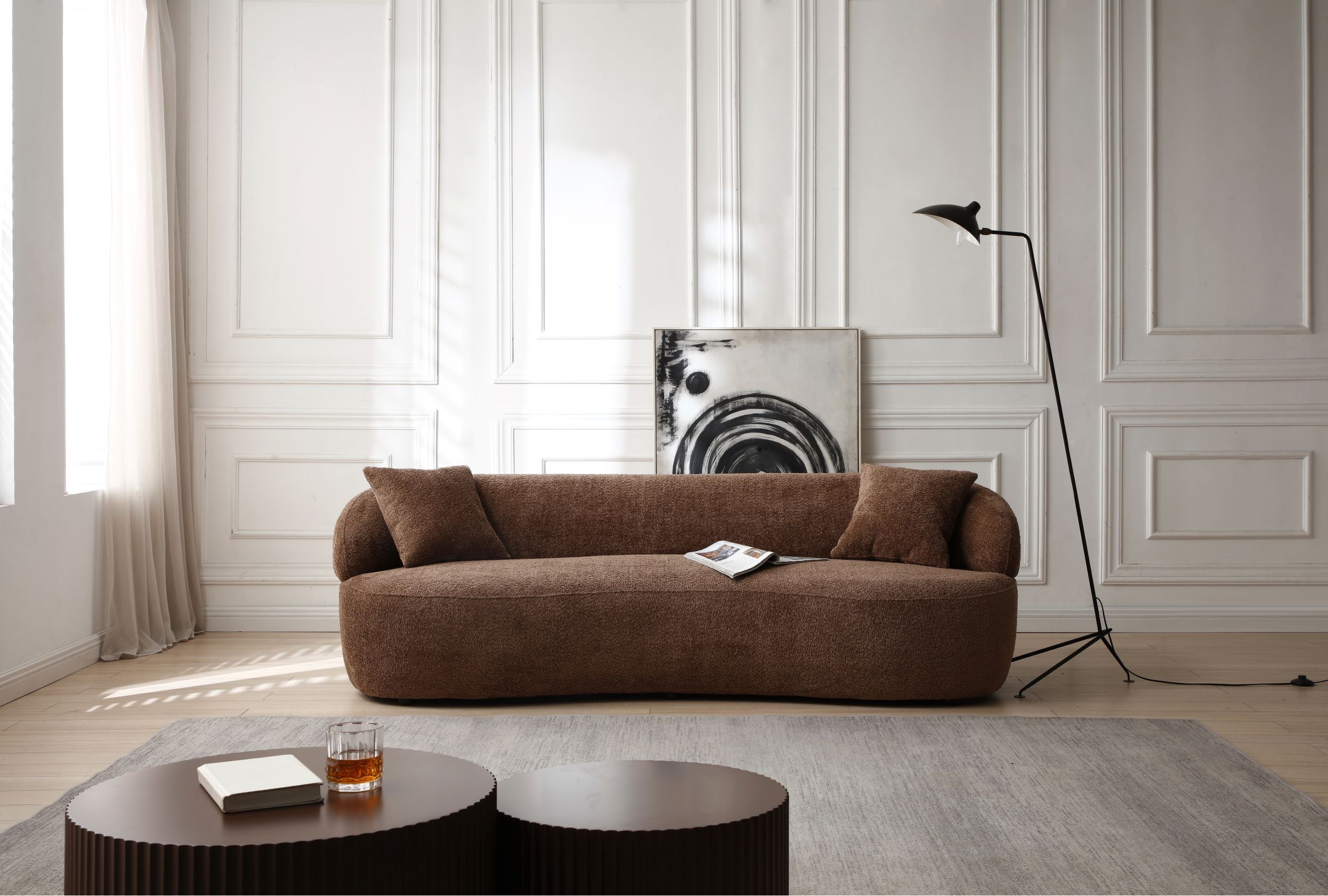 Borwn Mid Century Modern Curved Sofa, 3 Seat Cloud couch Boucle sofa Fabric Couch for Living Room, Bedroom, Office