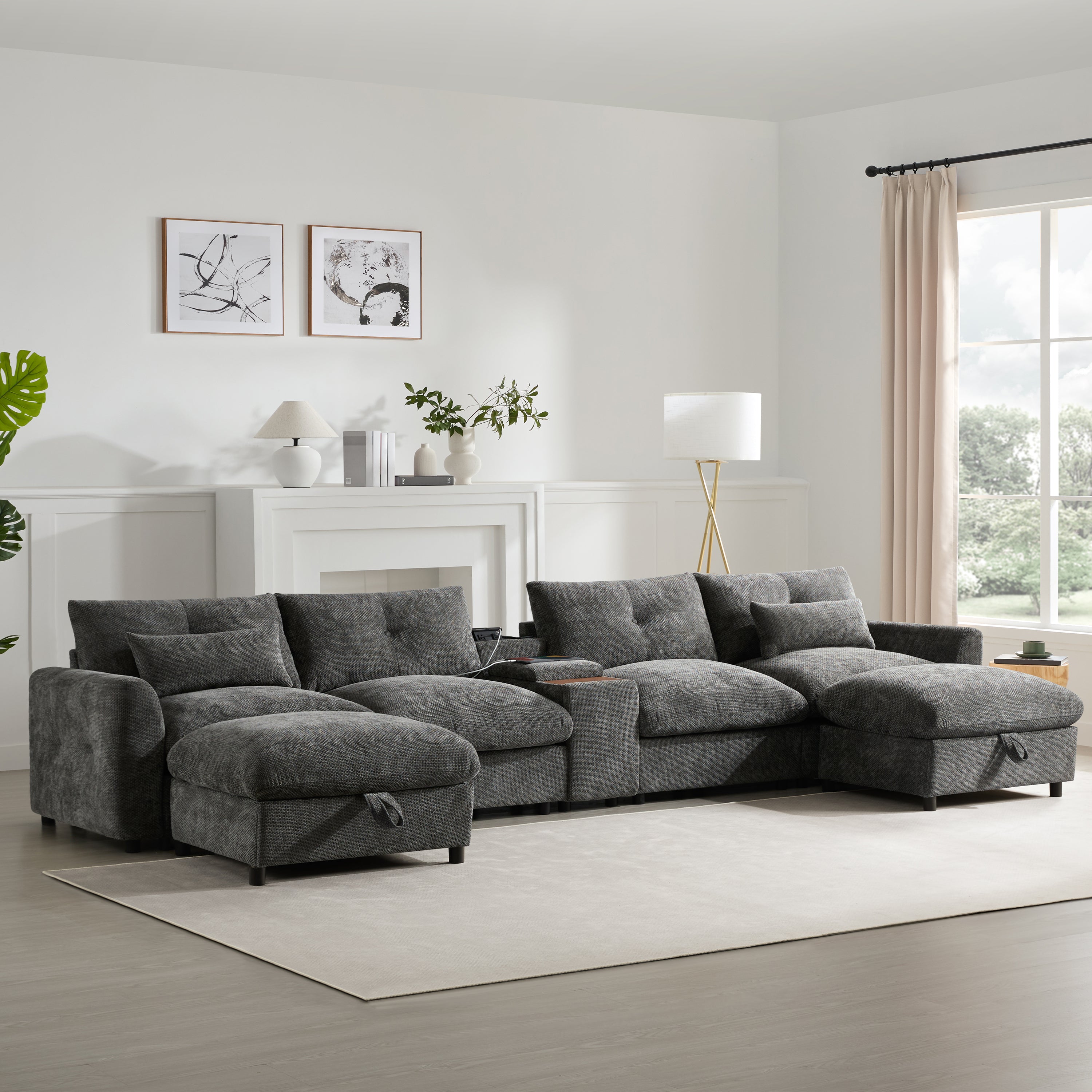 [VIDEO+NEW]142'' Modular Sectional Sofa with Movable Storage Ottoman and Console,Cup Holder,Wide Seat,6 Seat U Shaped Couch,Oversized Chenille Sofa with USB Charger for Living Room,Apartment,2 Colors