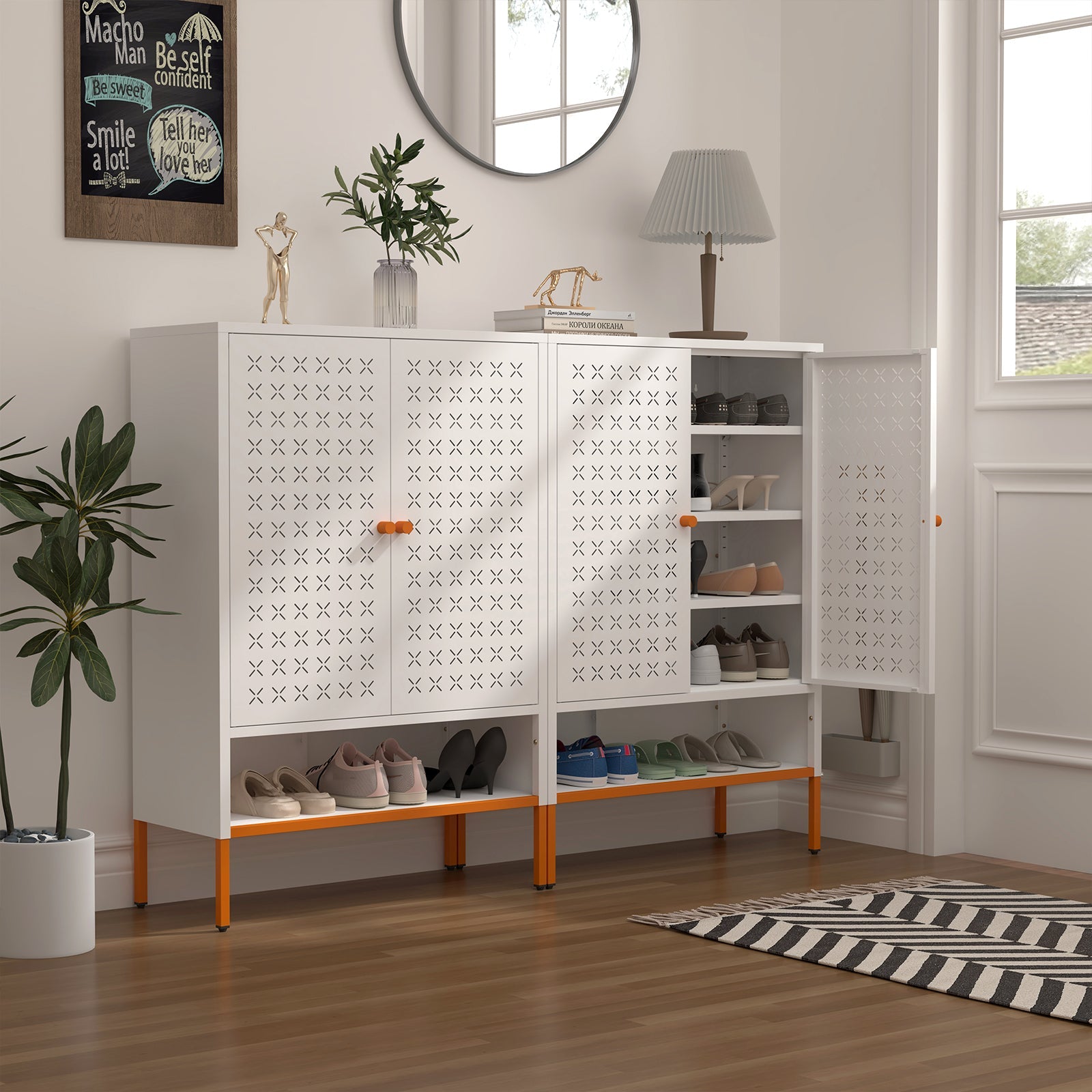 Grid Double Door Shoe Cabinet with Adjustable Compartments and Moisture-Proof Design in White Metal