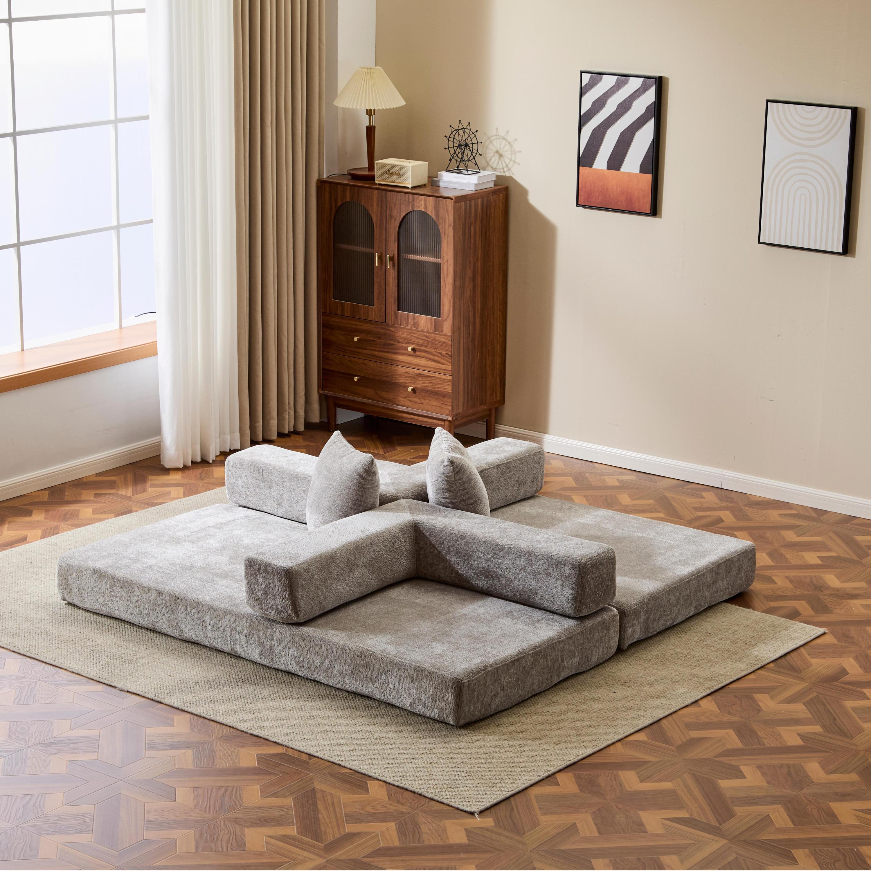 Floor Couch,Compression Sofa,Convertible Floor Sofa Bed-with Pillow Back Support Armrest,Comfy Futon Couch Lounge Sleeper Bed,Chenille fabric,for Living Room Bedroom (LIGHT-GREY)