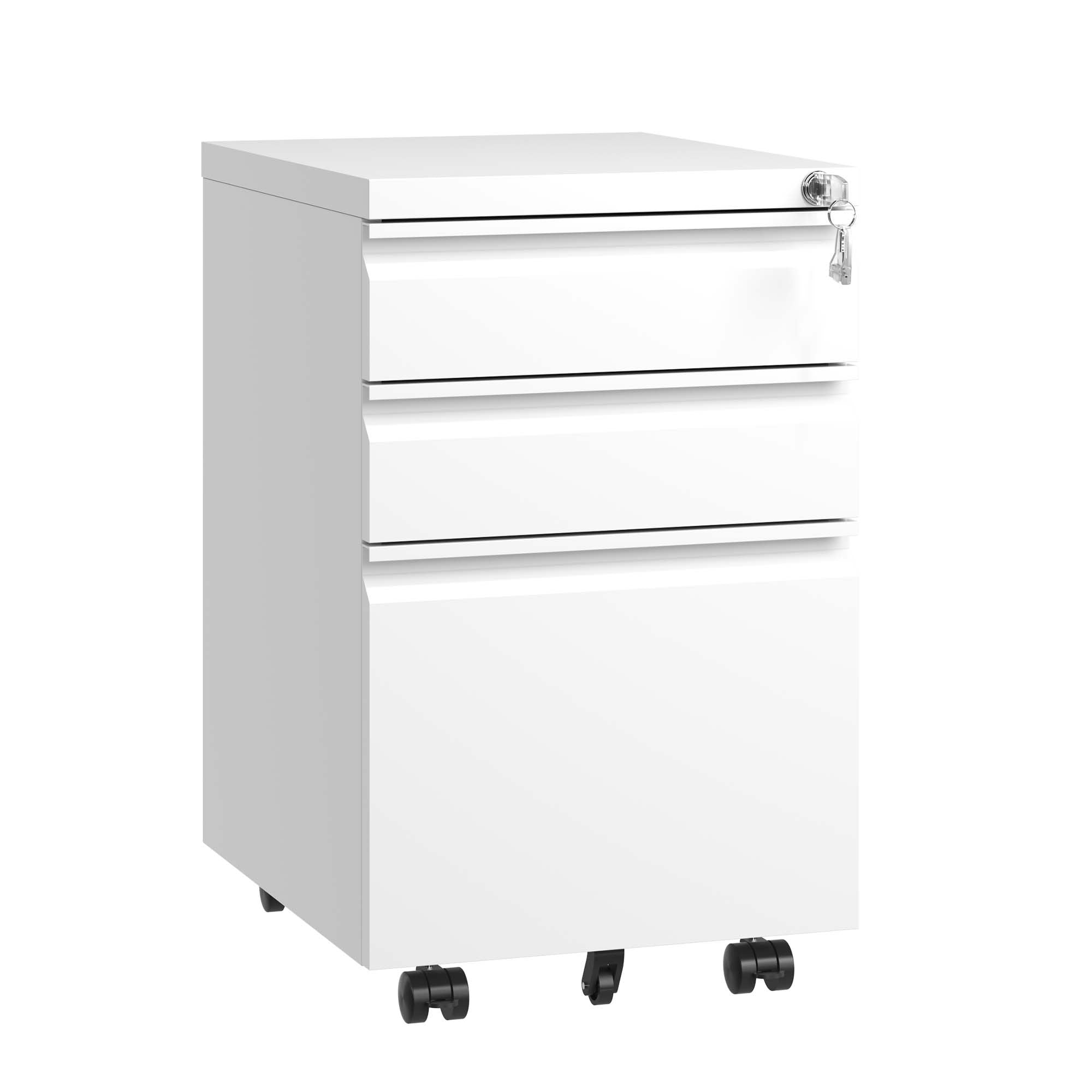 White Mobile 3-Drawer File Cabinet with Lock, Metal Organizer for Home Office, Fully Assembled