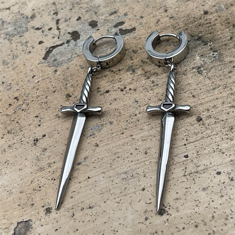 Dangle Sword Stainless Steel Hoop Earrings