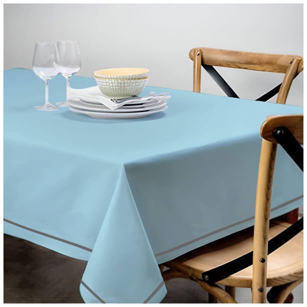 Single Embroidery Border Sateen Cotton Solid Table Cloth - Light Blue