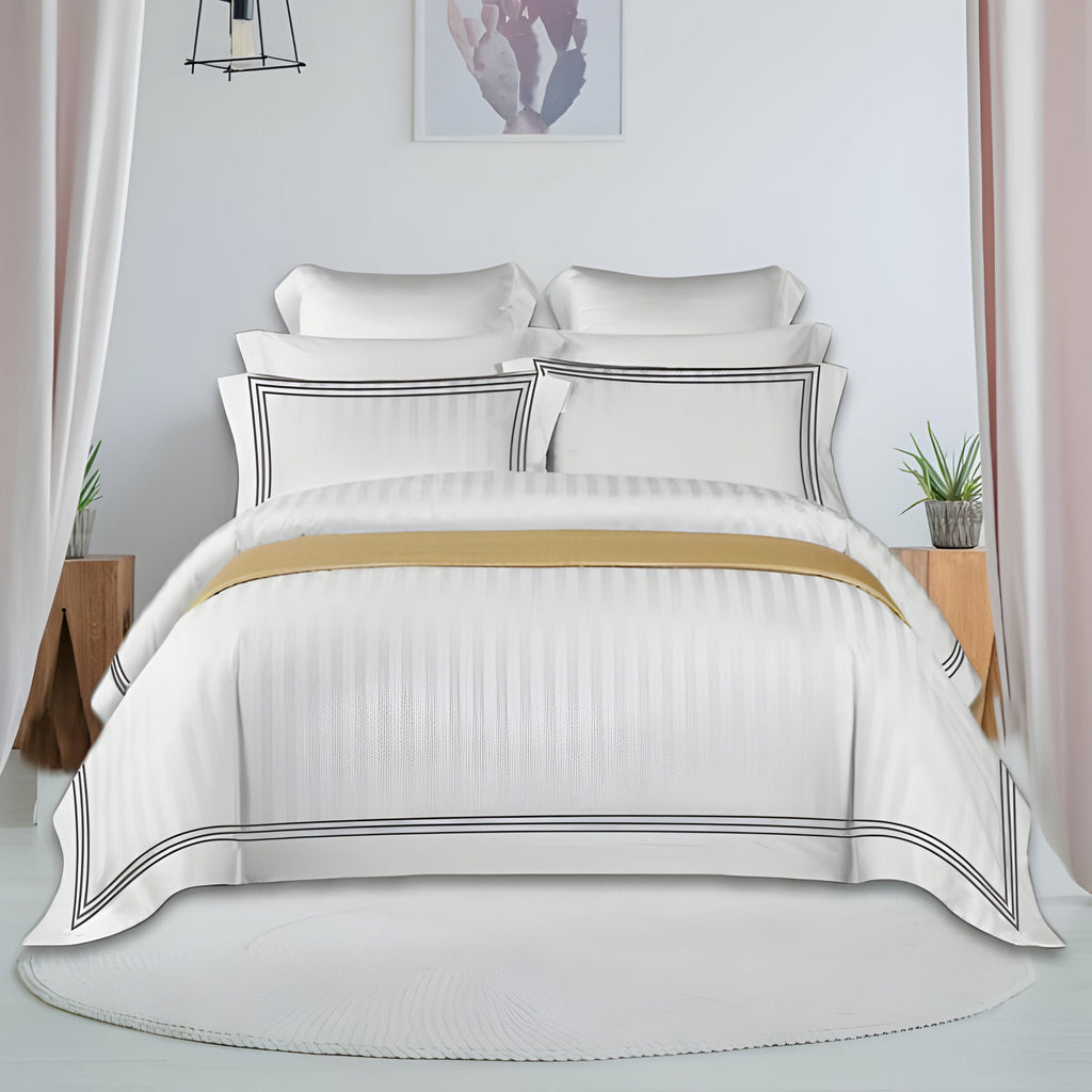 400TC Cotton Sateen Triple Edge Embroidery Stripe Duvet Cover Set