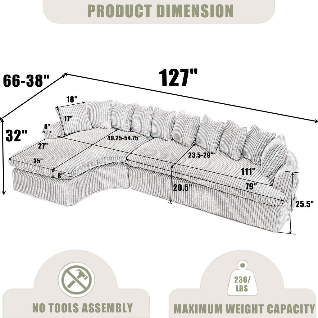 [NEW ARRIVED] [VIDEO PROVIDED]   127''  Large Sectional Sofa ,Elegant Curved Design ,High-Resilience Foam ,Ten Back Cushions,L-Shape Left Sofa,No Assembly  Required , (Black
-Soft Corduroy Fabric)