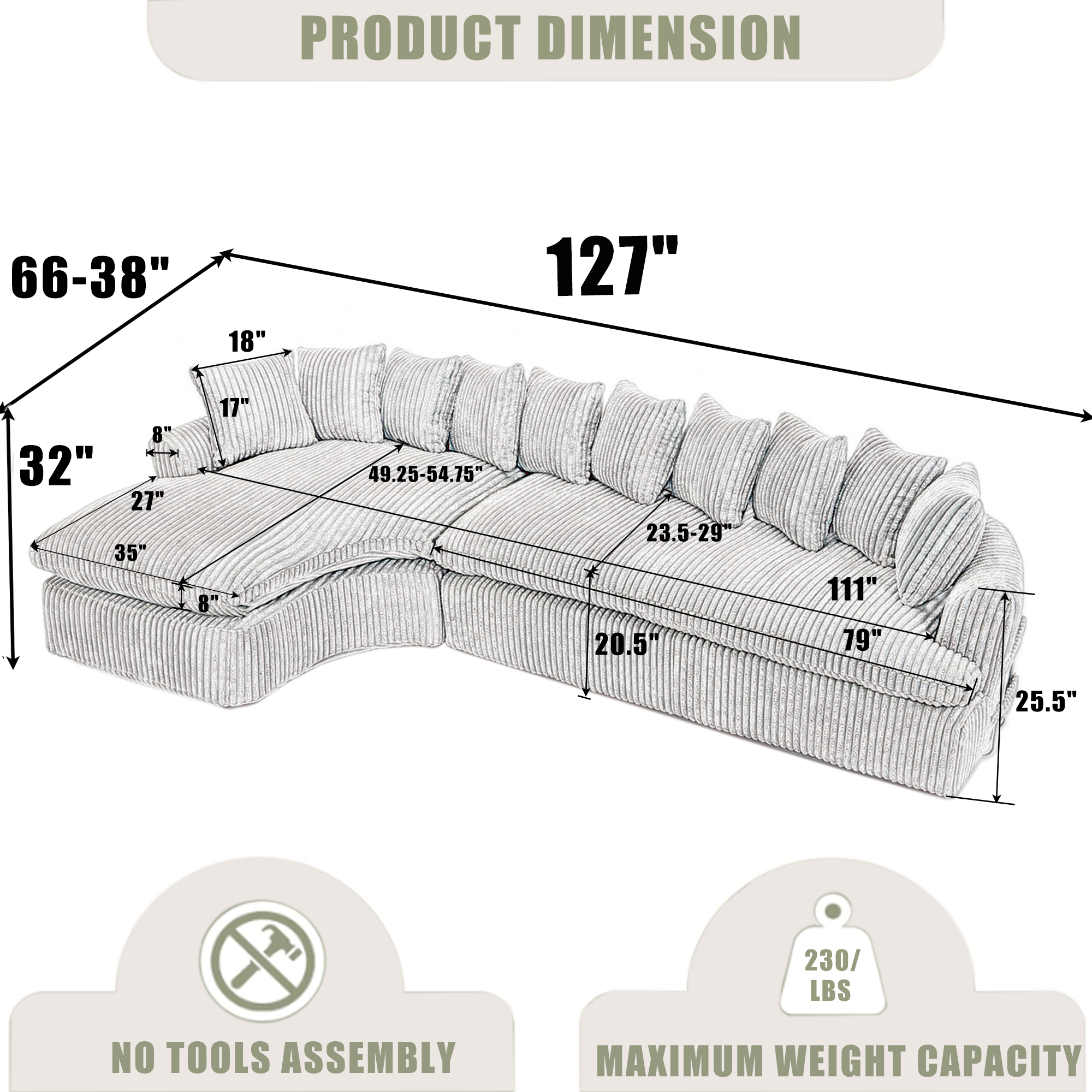 [NEW ARRIVED] [VIDEO PROVIDED]   127''  Large Sectional Sofa ,Elegant Curved Design ,High-Resilience Foam ,Ten Back Cushions,L-Shape Left Sofa,No Assembly  Required , (Black
-Soft Corduroy Fabric)
