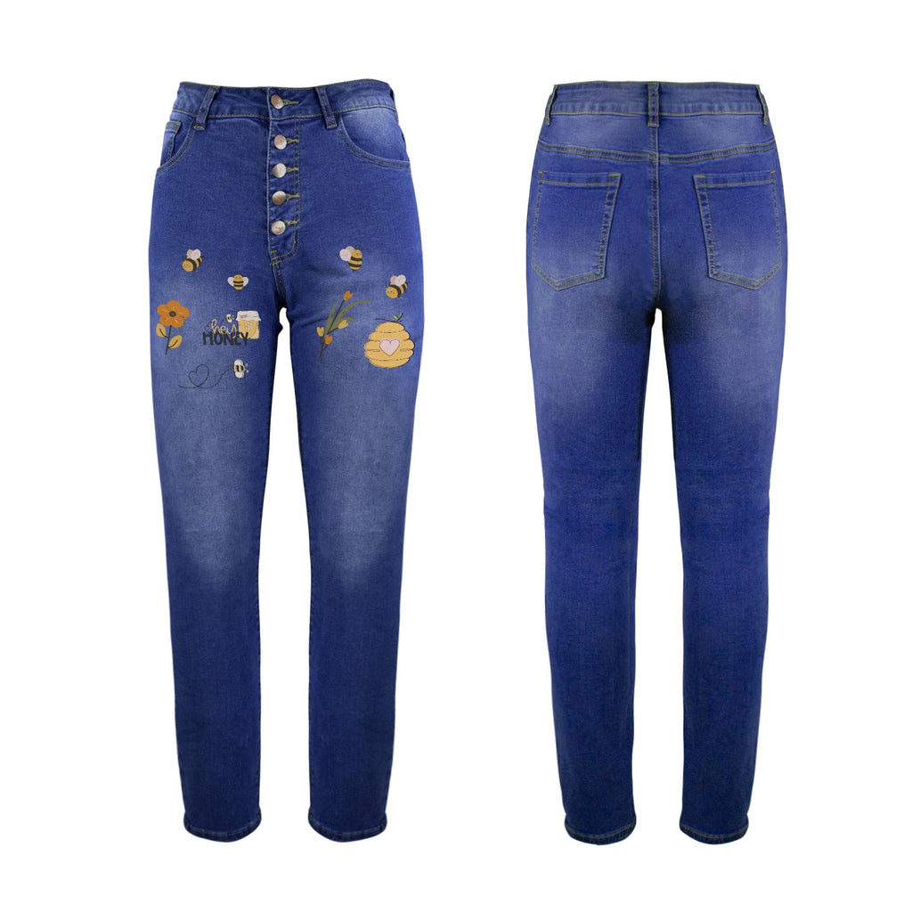 Women's Hello Honey Decorated Design Jeans with Front Printing