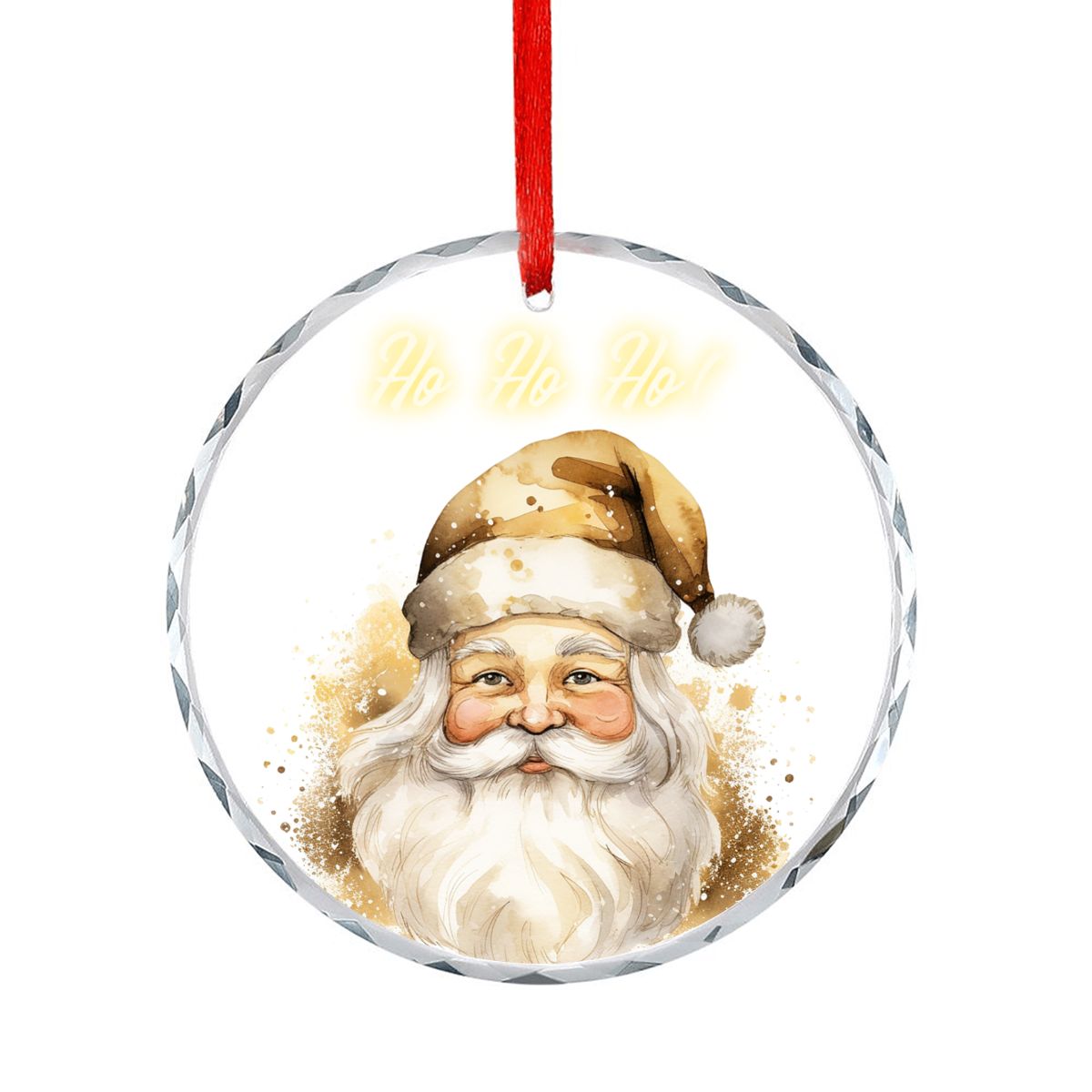 Ho Ho Ho! Golden Santa Claus Round Glass Christmas Ornament (Made in USA)