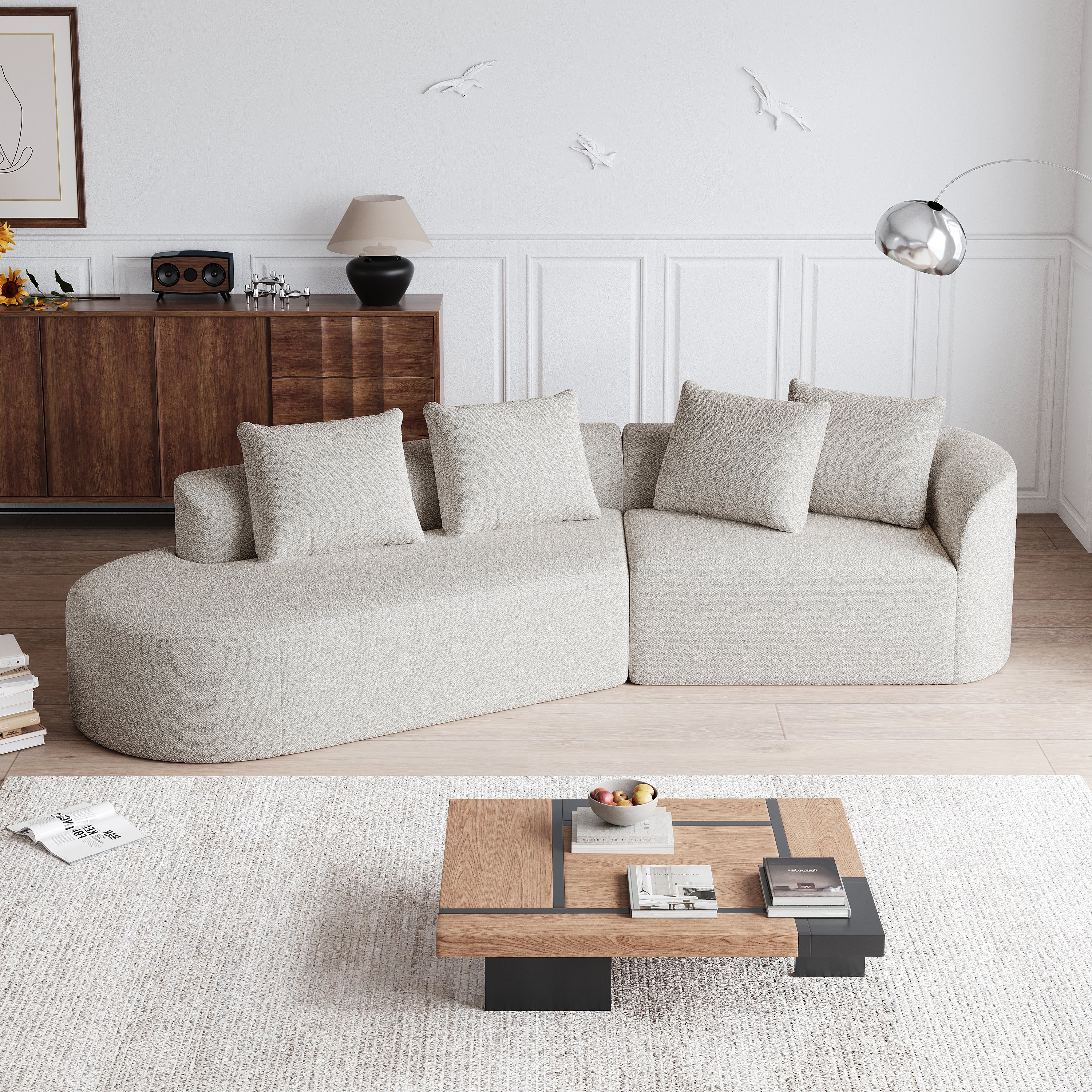 Modern Upholstered Oversized Sectional Sofa, 112-Inch Chenille 4-Seater Extra Deep & Wide Seat Curved Cloud Couch with 4 Throw Pillows, Free Combination Sofa Couch for Living Room,Bedroom