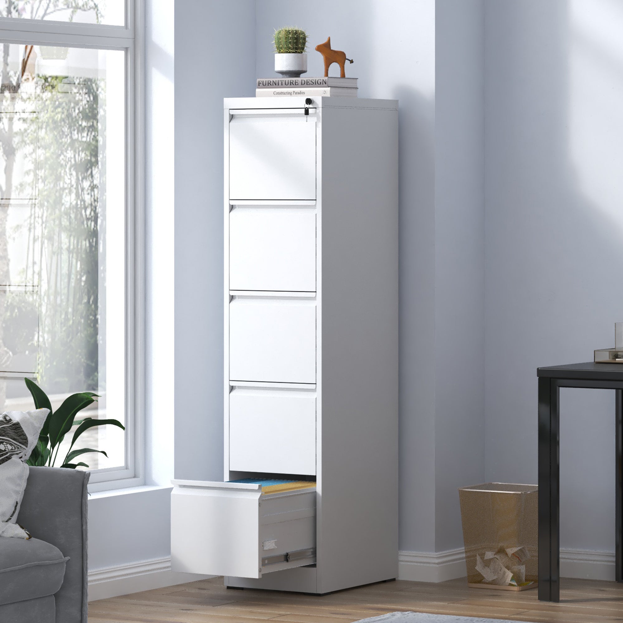 SteelCraft Pro 5 Drawer Metal Vertical File Cabinet with Lock in White for A4 Legal/Letter Size