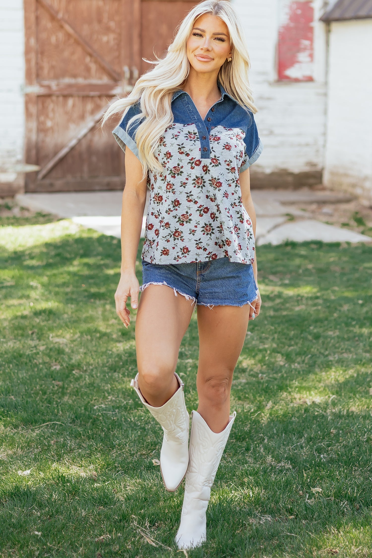 Floral Retro Denim Patchwork Buttoned Collar Top