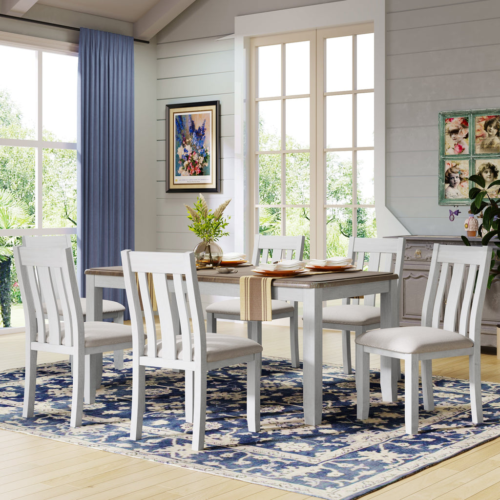 TREXM Retro Style 7-Piece Dining Table Set with Extendable Table, Upholstered Chairs, Brown+White, Solid Wood