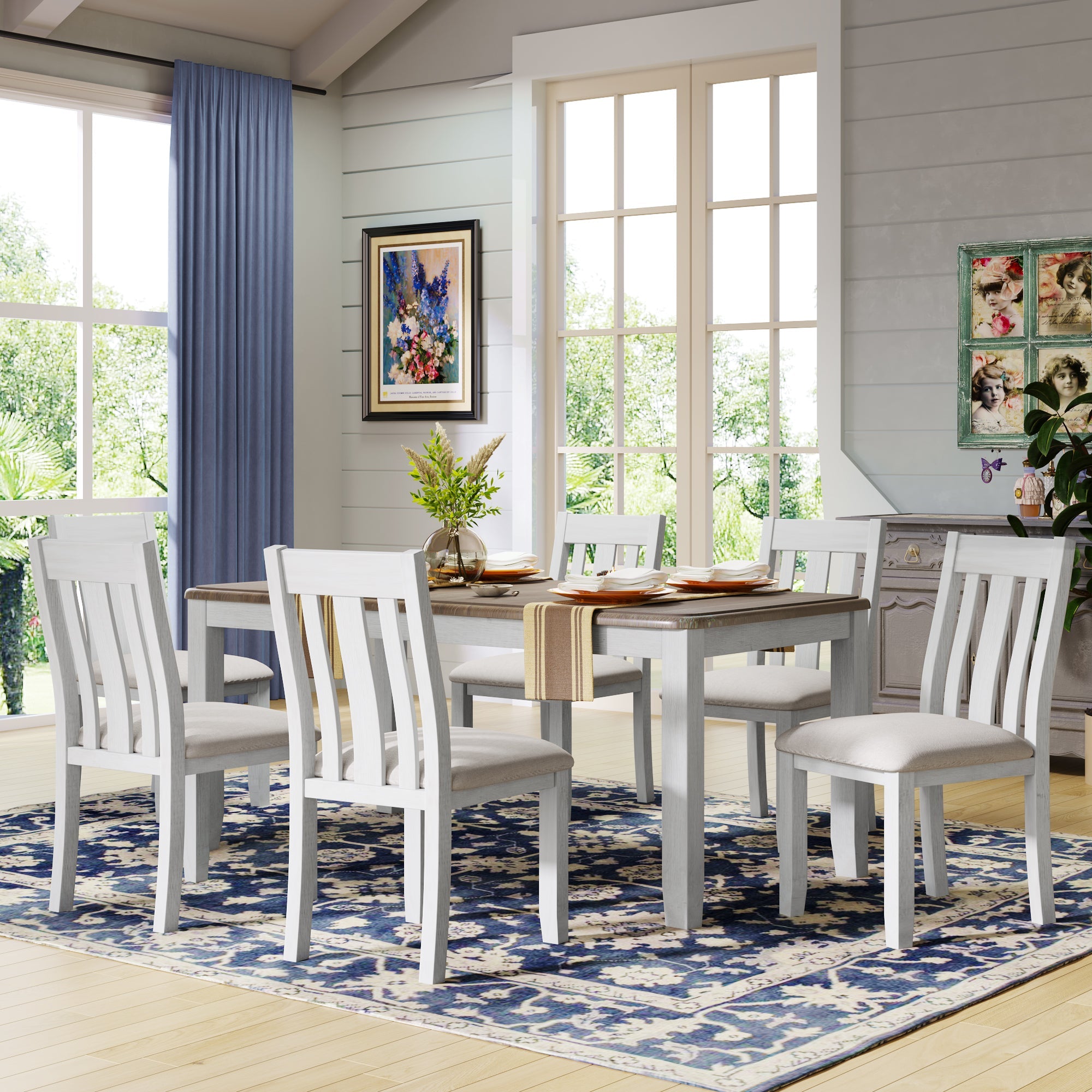 TREXM Retro Style 7-Piece Dining Table Set with Extendable Table, Upholstered Chairs, Brown+White, Solid Wood