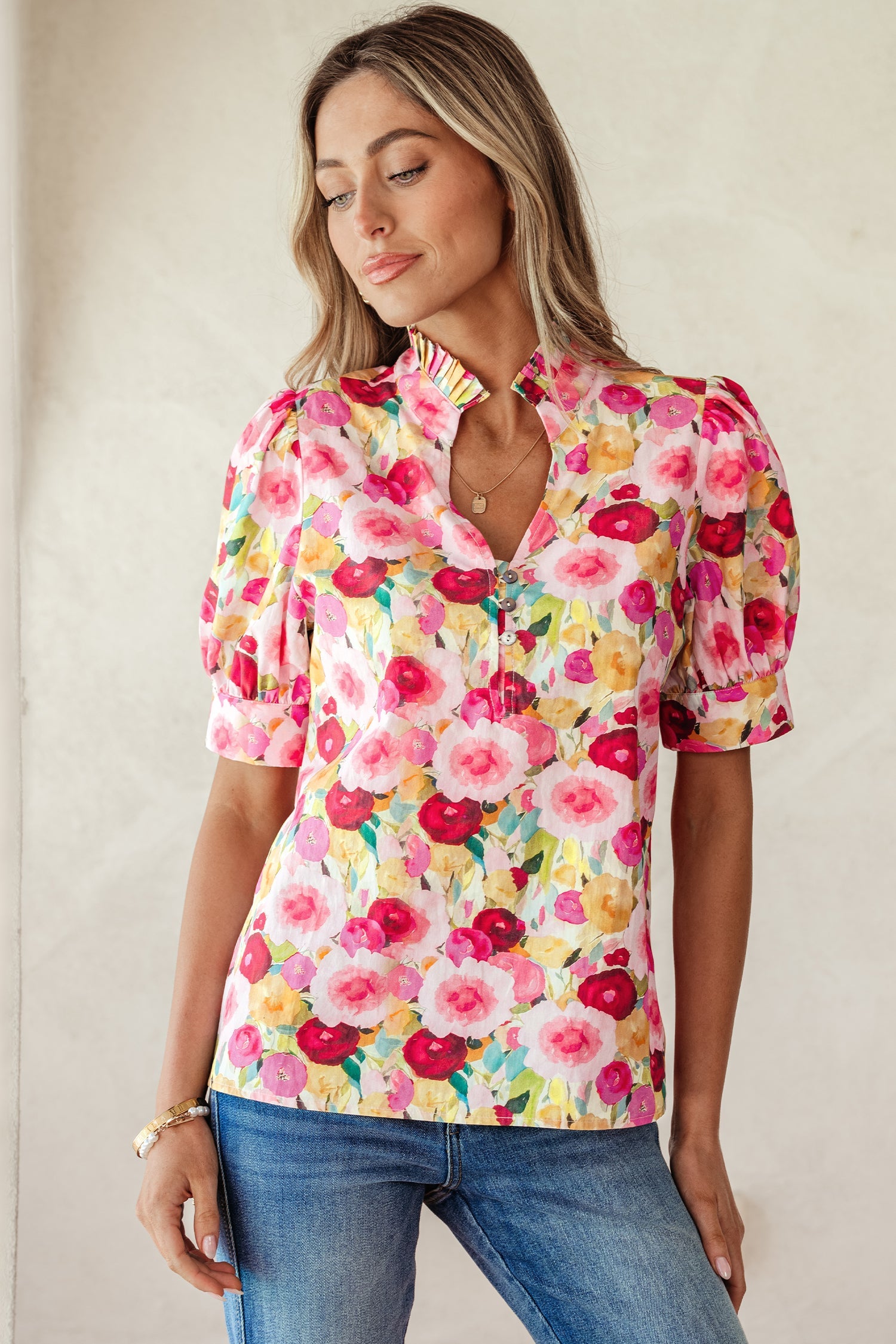 Floral Frilled V-Neck Short Puff Sleeve Blouse