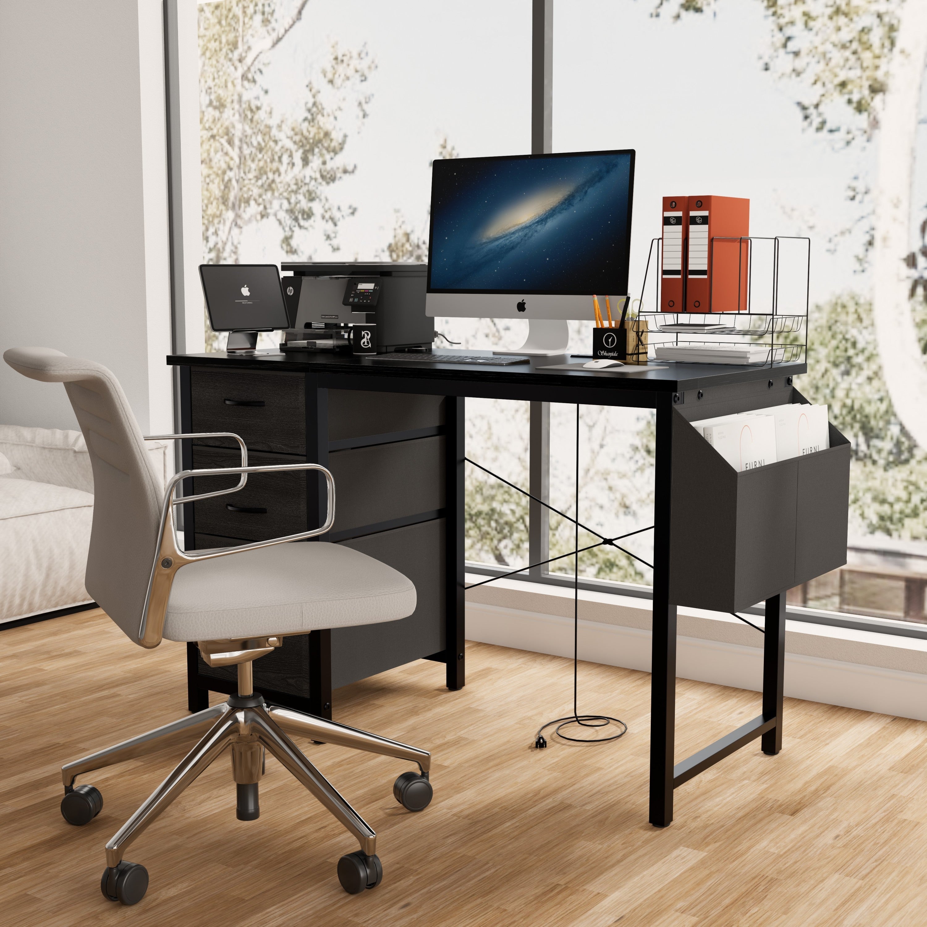 47.3'office desk with power outlet,3 drawers,Large Side Pocket, Desk Easy to Assemble,Frame stability Reversible,  for home desk, computer desk, game table,Writing desk,Vanity table, black