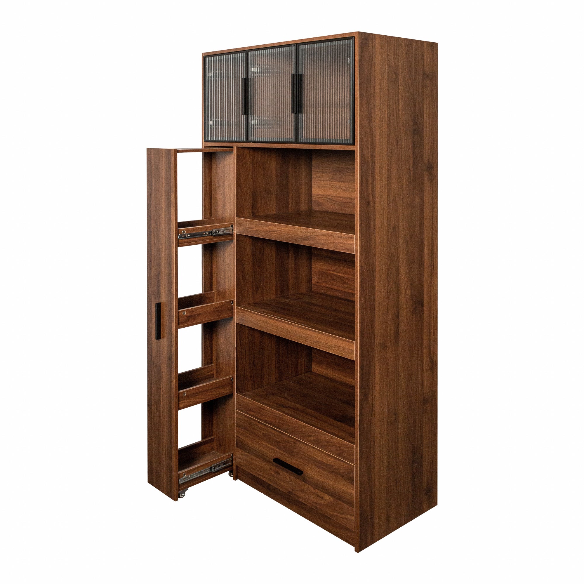 70.87' Tall Kitchen Pantry Cabinet with multi-functional pull-out multi-tier storage shelf, 1 Drawers,with Aluminum frame glass door,Freestanding Food Hutch with Microwave Stand for Dining Room