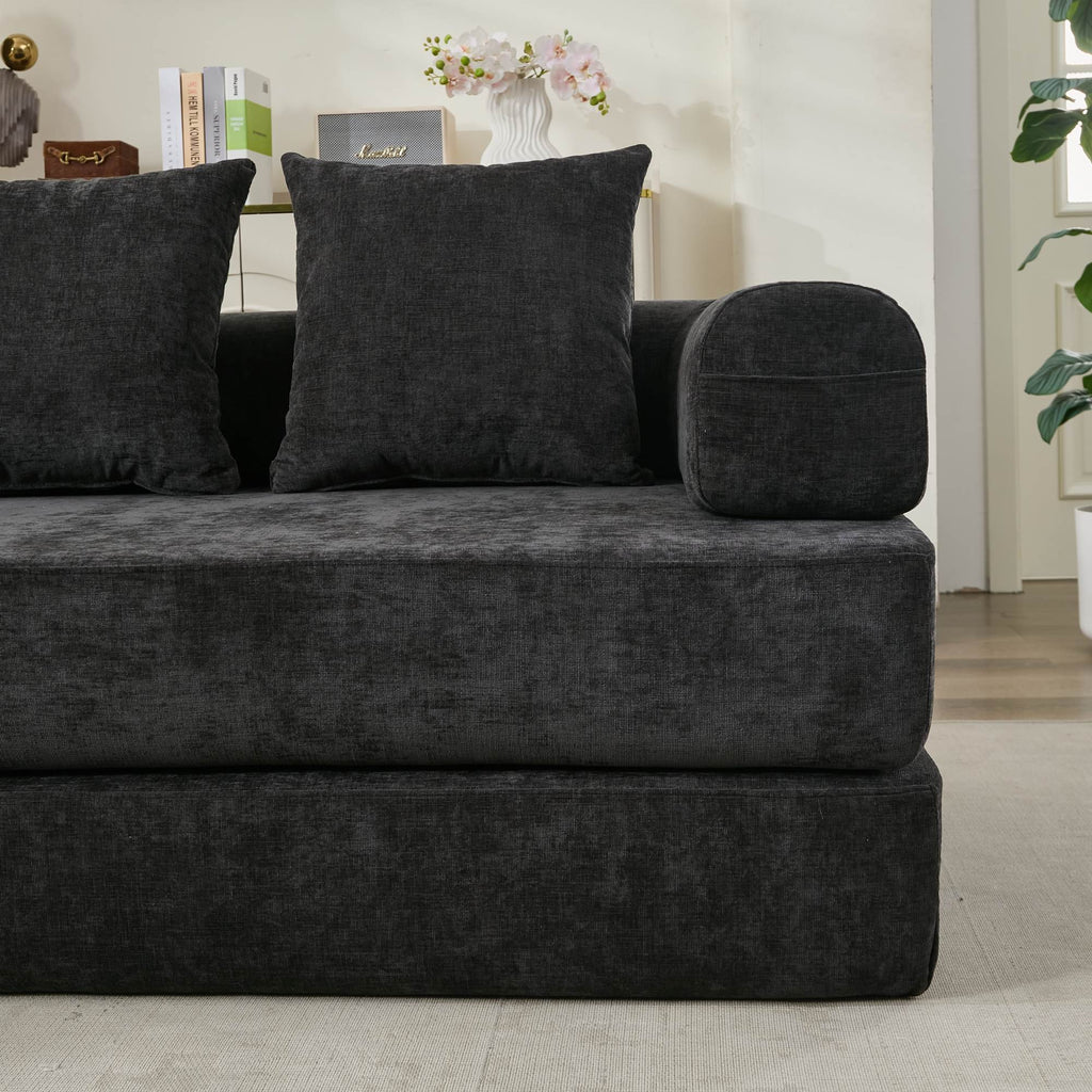 Comfy Convertible Folding Mattress Couch, Floor Sofa Bed, Chenille Floor Sofa with Armrest, Floor Sofa Lounge Couch for Living Room Bedroom Lounge Studio-Black