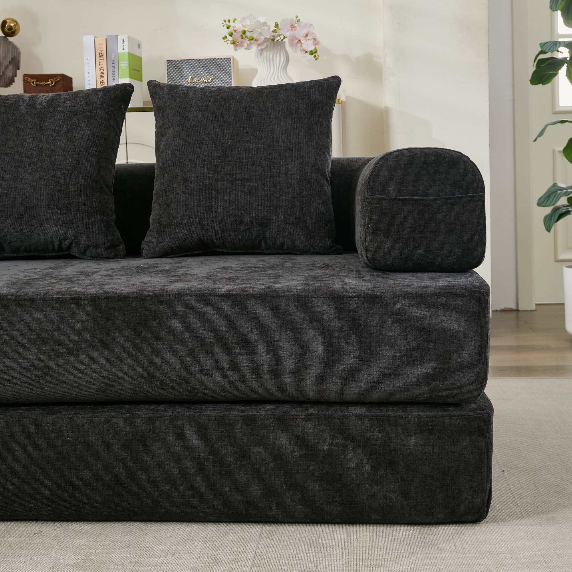Comfy Convertible Folding Mattress Couch, Floor Sofa Bed, Chenille Floor Sofa with Armrest, Floor Sofa Lounge Couch for Living Room Bedroom Lounge Studio-Black