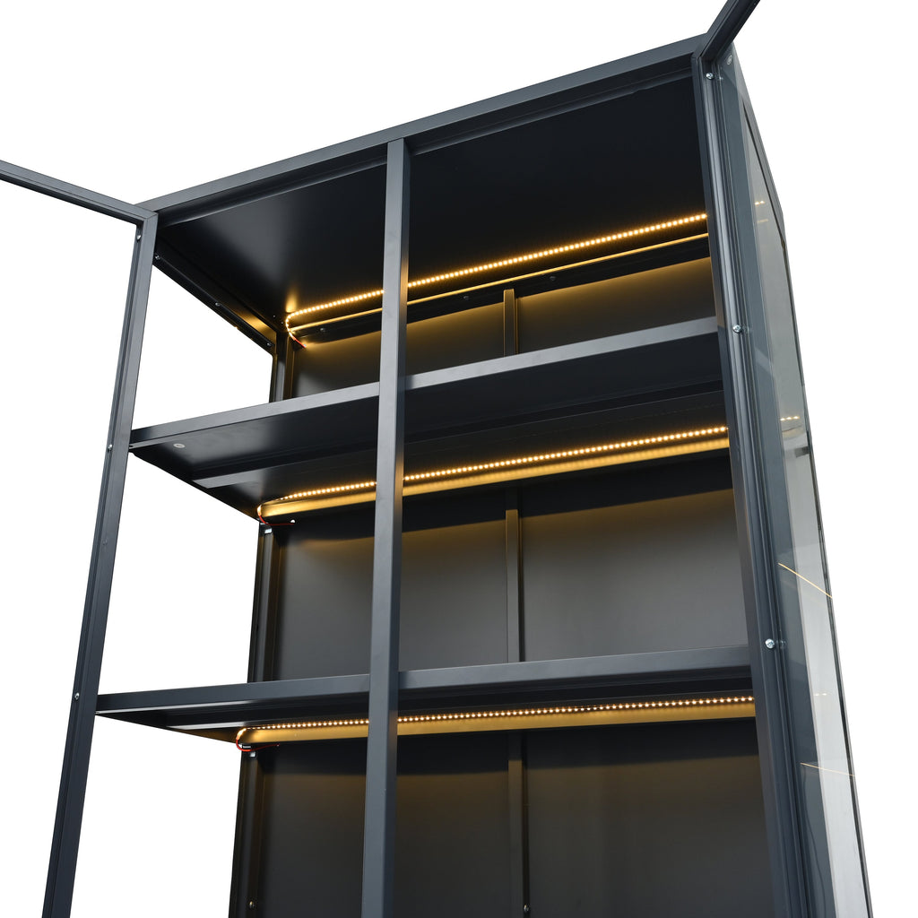 Modern Style 76.75'' Tall Steel Display Cabinet with Double Glass Doors, LED Lights, 3-Sided Glass for Collectibles - Dark Blue