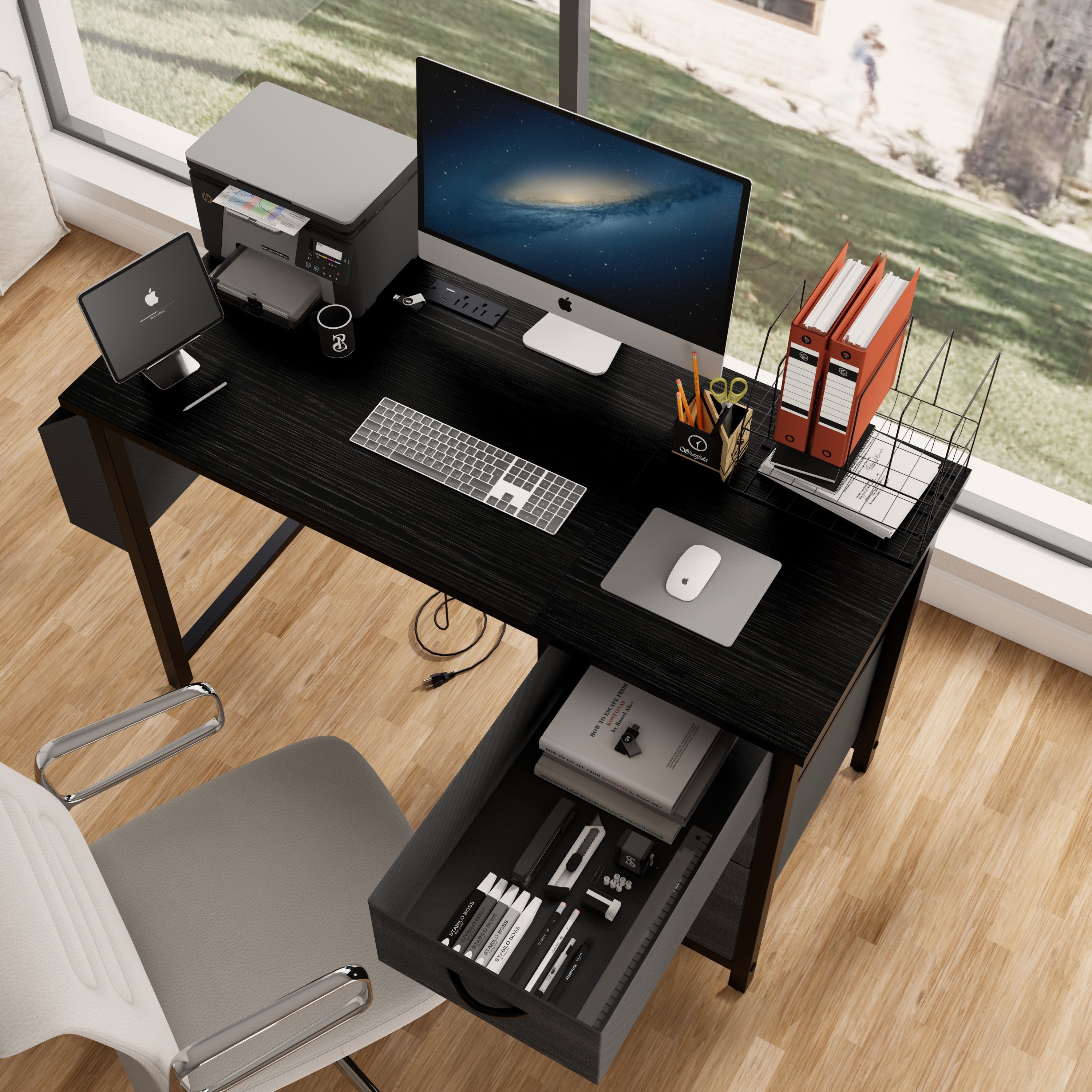 47.3'office desk with power outlet,3 drawers,Large Side Pocket, Desk Easy to Assemble,Frame stability Reversible,  for home desk, computer desk, game table,Writing desk,Vanity table, black