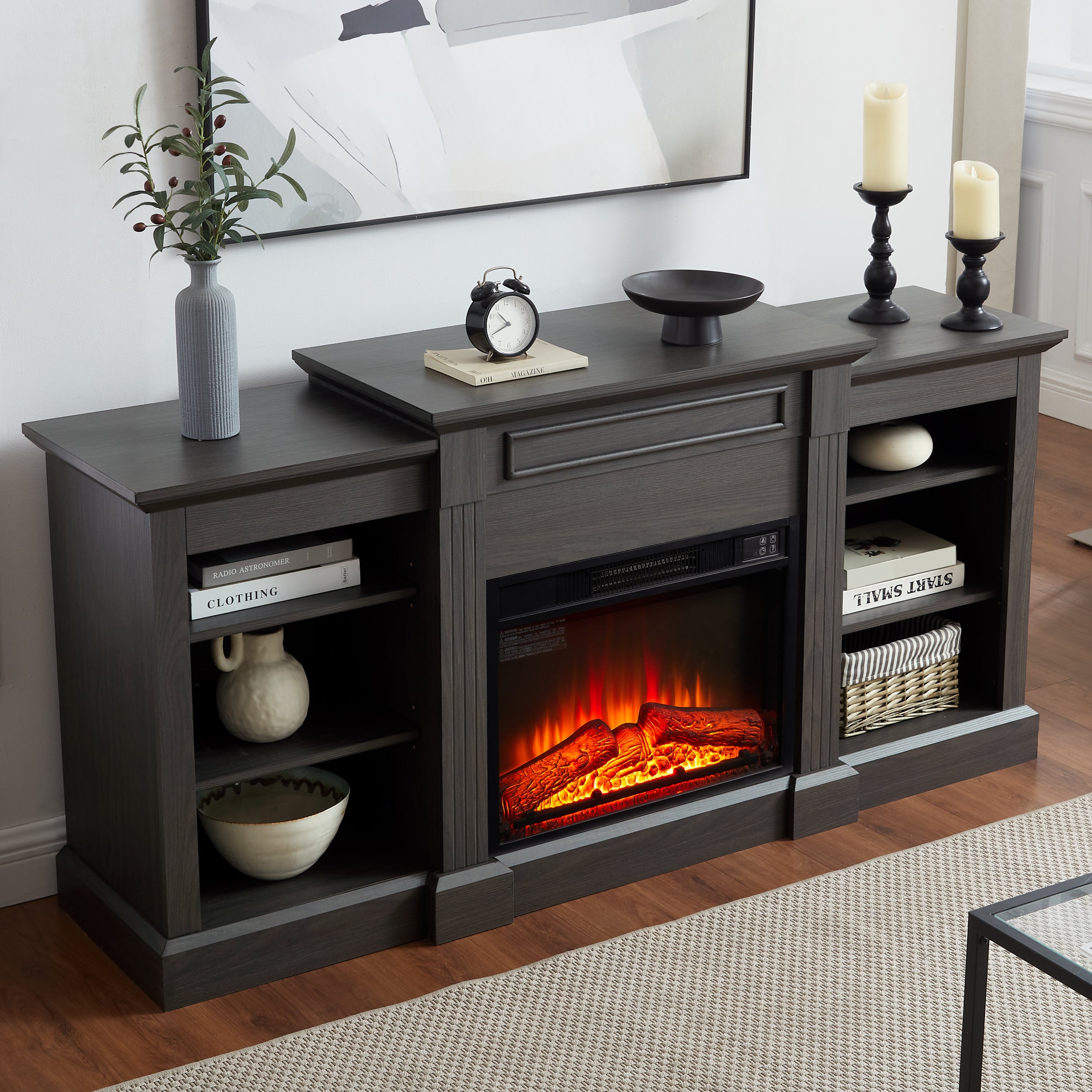 Media Console Table with Large Storage Cabinet,with 23' Fireplace Insert, for TV Up to 70'', Modern TV Media Entertaionment Stand,  Grey