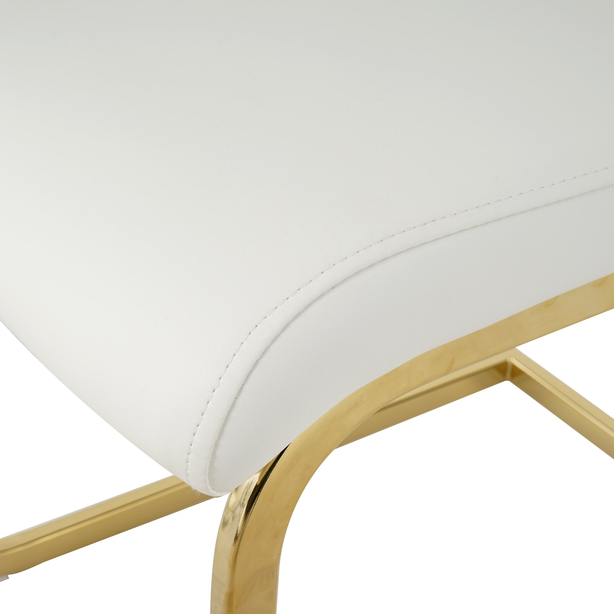 Modern style glass dining table, elegant transparent design, sturdy stainless steel base, White dining chair set, with gold-plated chair legs, suitable for dining room and kitchen (set of 7)