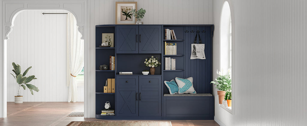 Multifunctional left-right combination hall cabinet (can be used separately) with storage and 4 hooks, storage cabinet/ hall tree 2 in 1 for living room, kitchen and hallway, antique blue