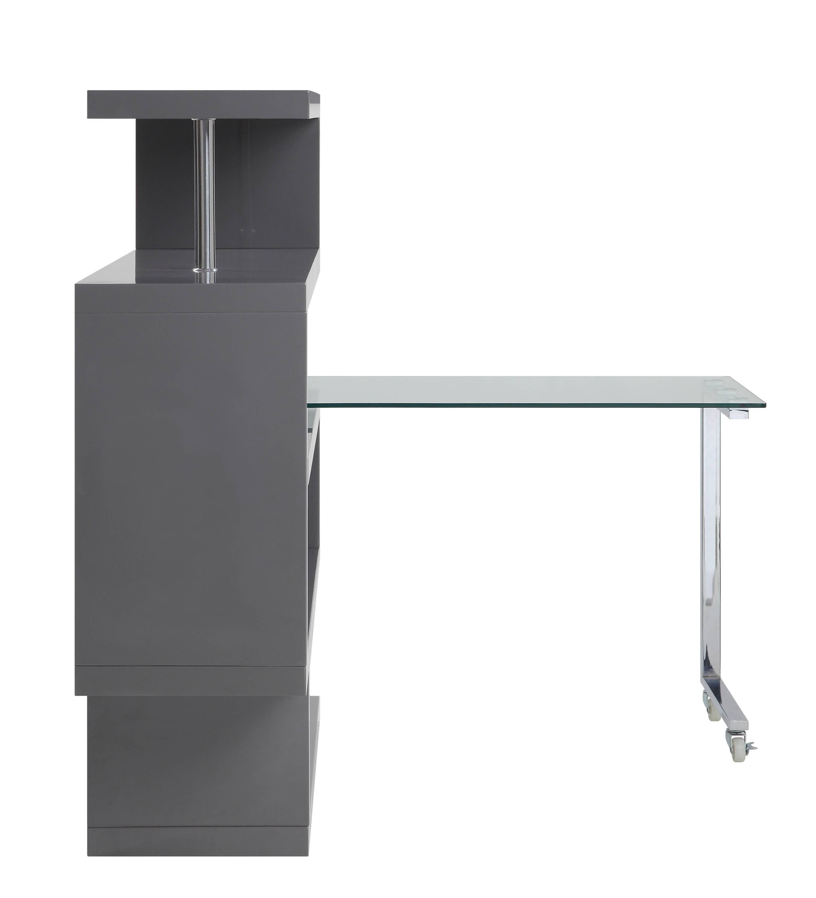 Buck II Clear Glass, Chrome High Gloss Finish Writing Desk with Shelf
