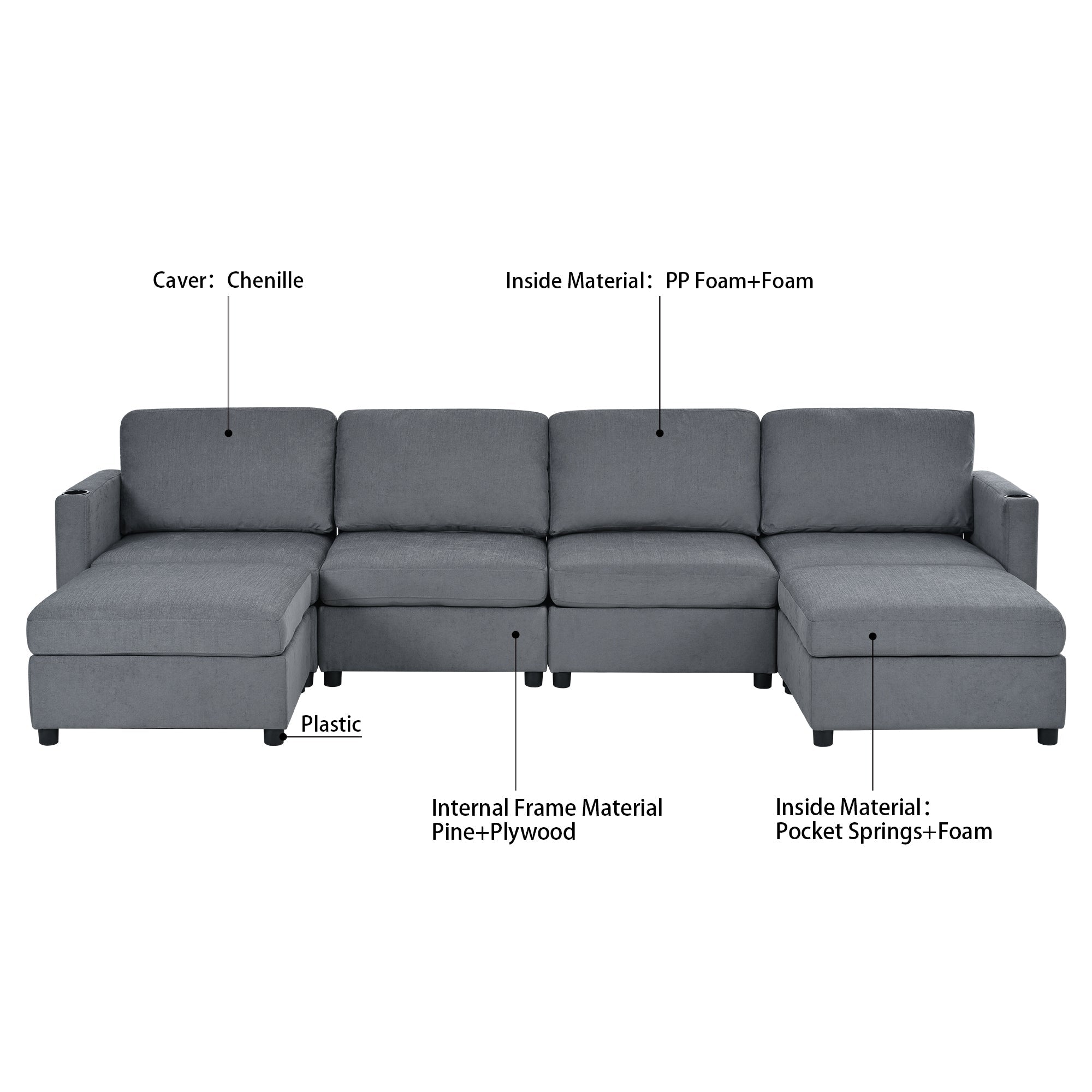 Modern Large Sectional Sofa, U-Shape Modular Sectional Couch with Storage Function,123' Sofa Bed with Ottoman,6 Seat Sectionals Chaise for Living Room,Chenille