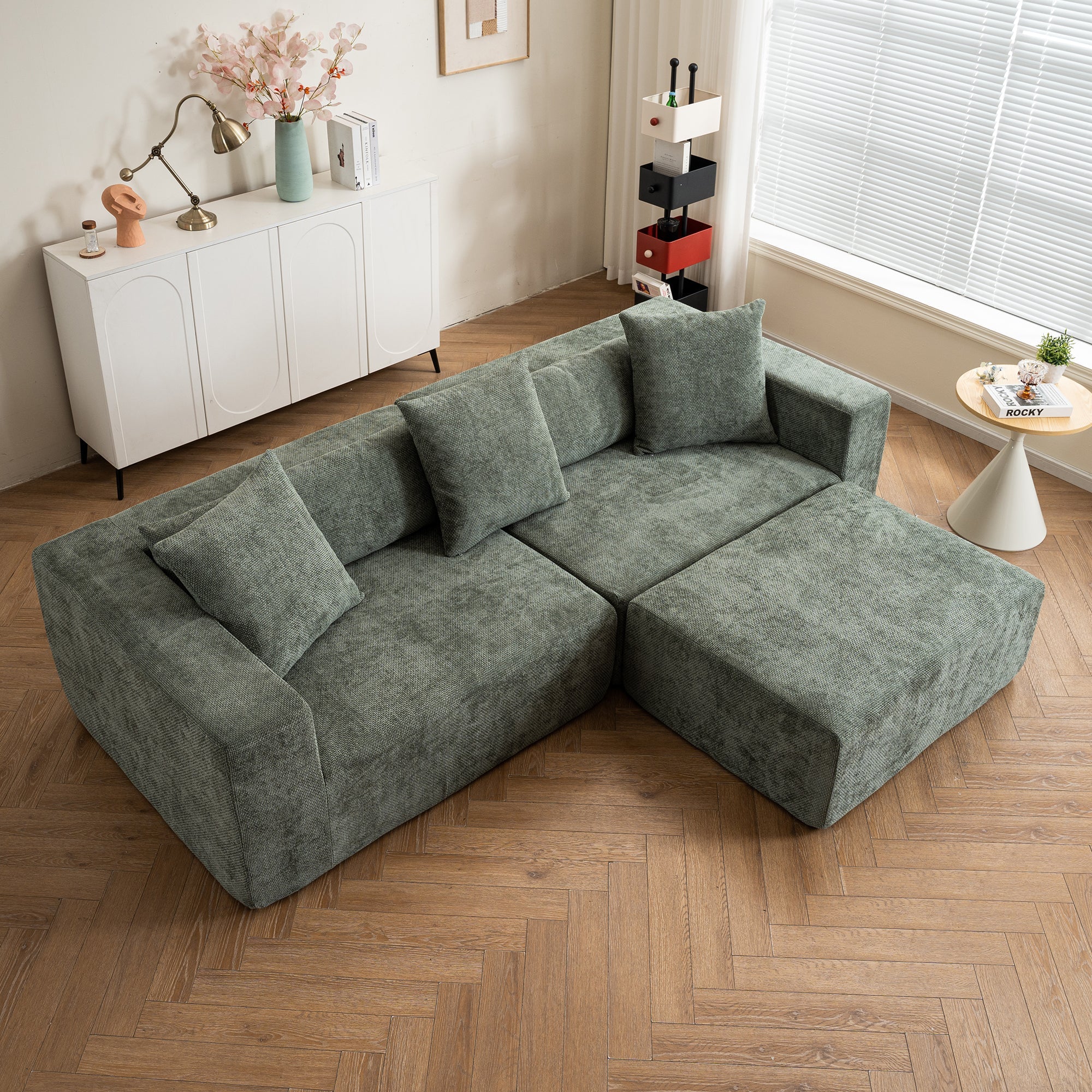 Modular cross-section with L-shaped lounge chair, cloud sofa, living room, bedroom soft cushion sofa - no installation required - chenille fabric (Green)